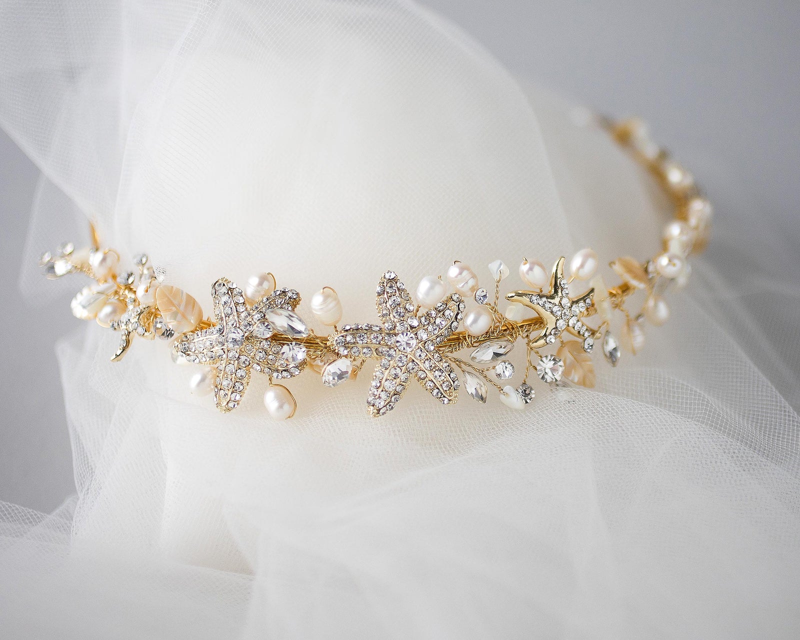 Beach Wedding Headband with Starfish and Shells Gold