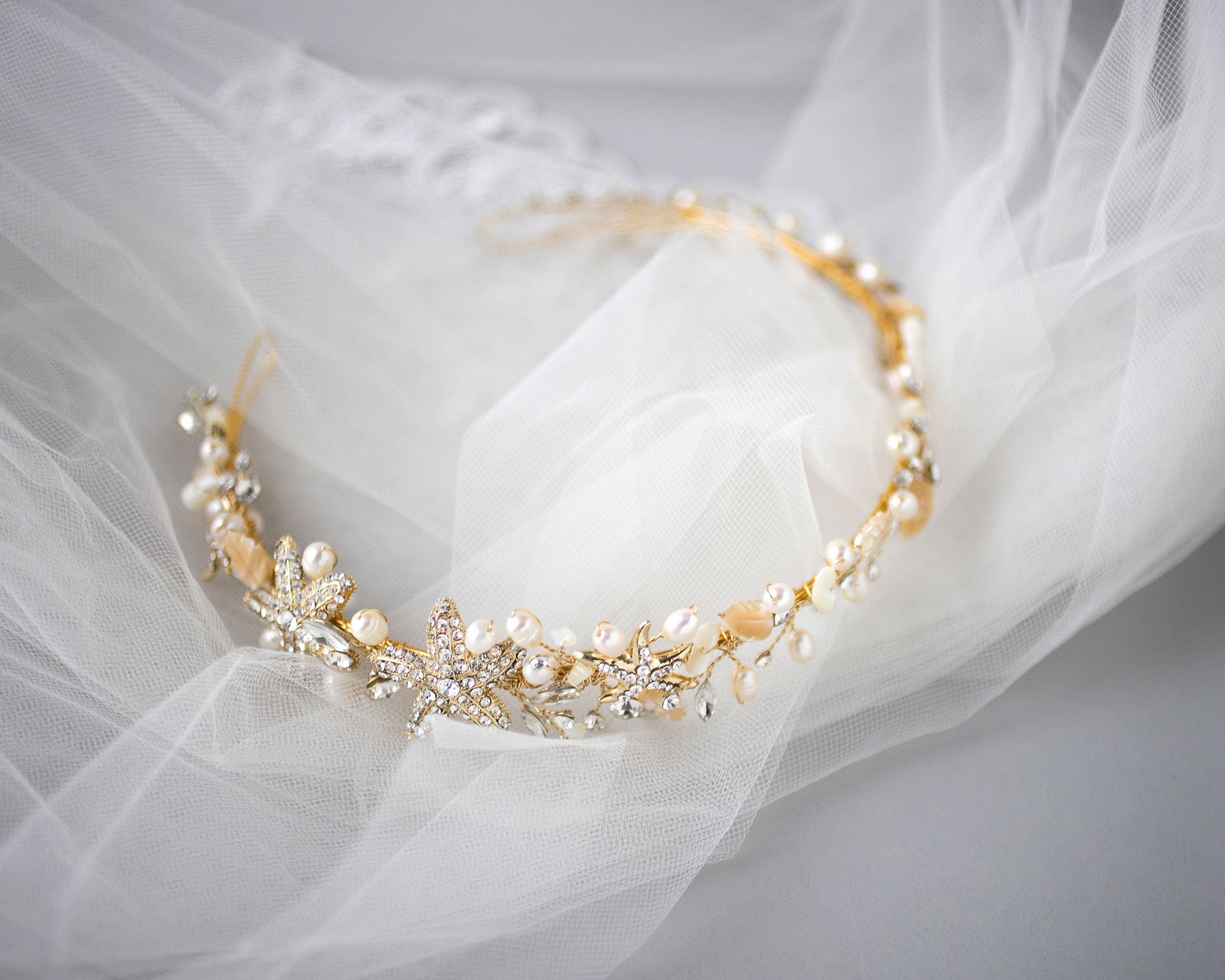 Beach Wedding Headband with Starfish and Shells Gold