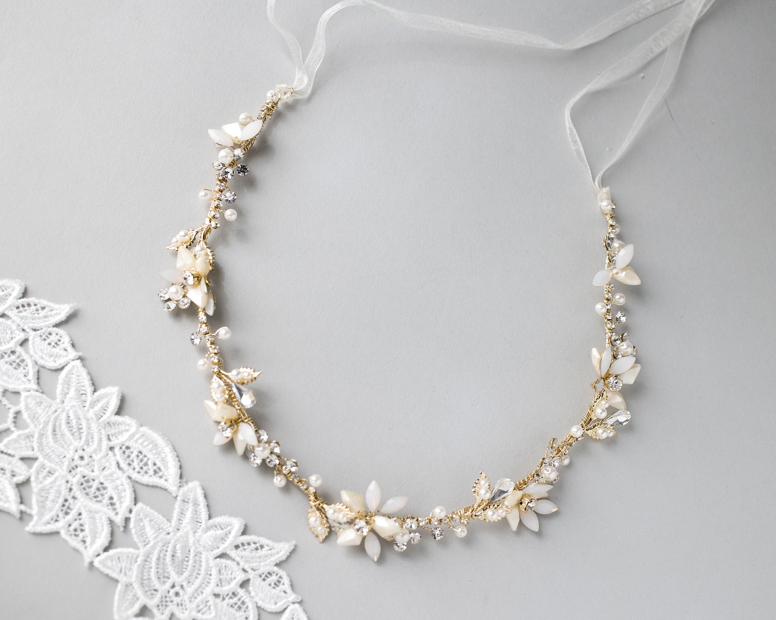 Gold Beaded Flower Bridal Headband with Opal Stones-Cassandra Lynne
