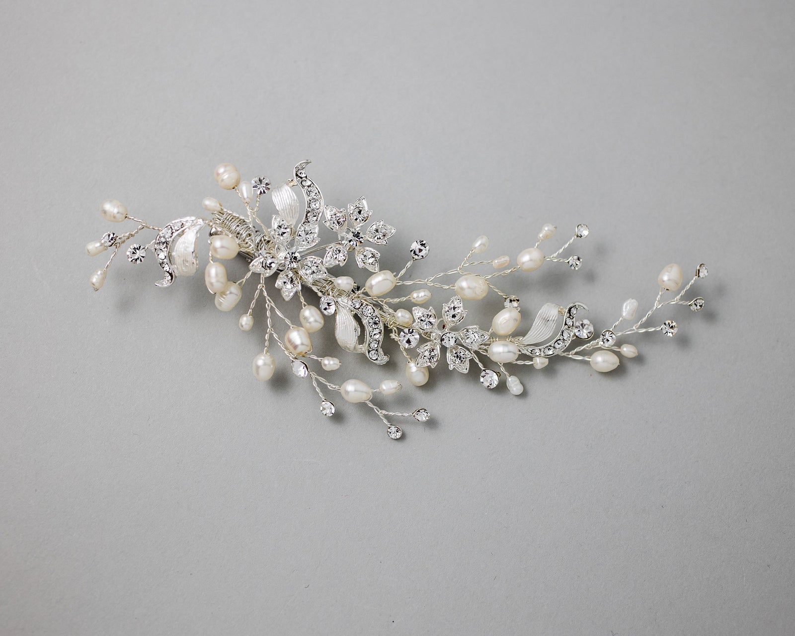 Bridal Clip of Dainty Silver Ribbons and Pearls