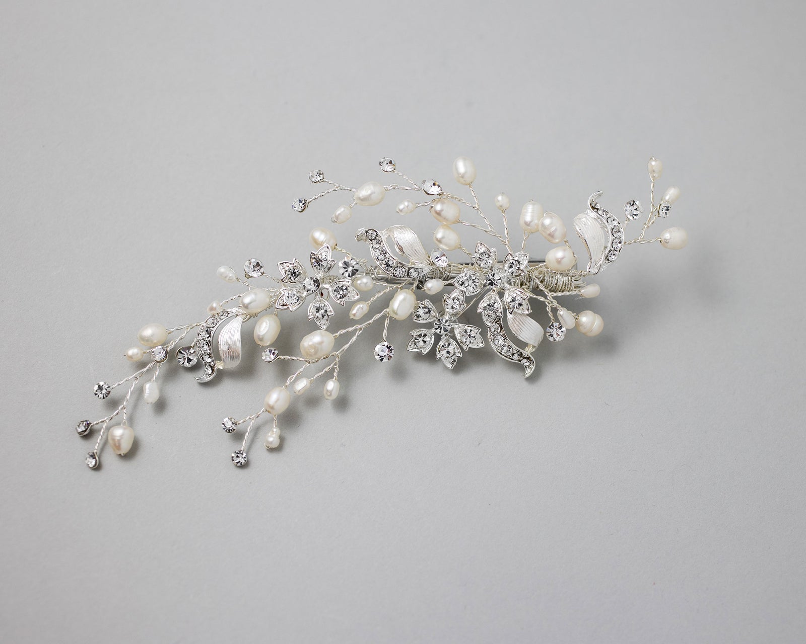 Bridal Clip of Dainty Silver Ribbons and Pearls