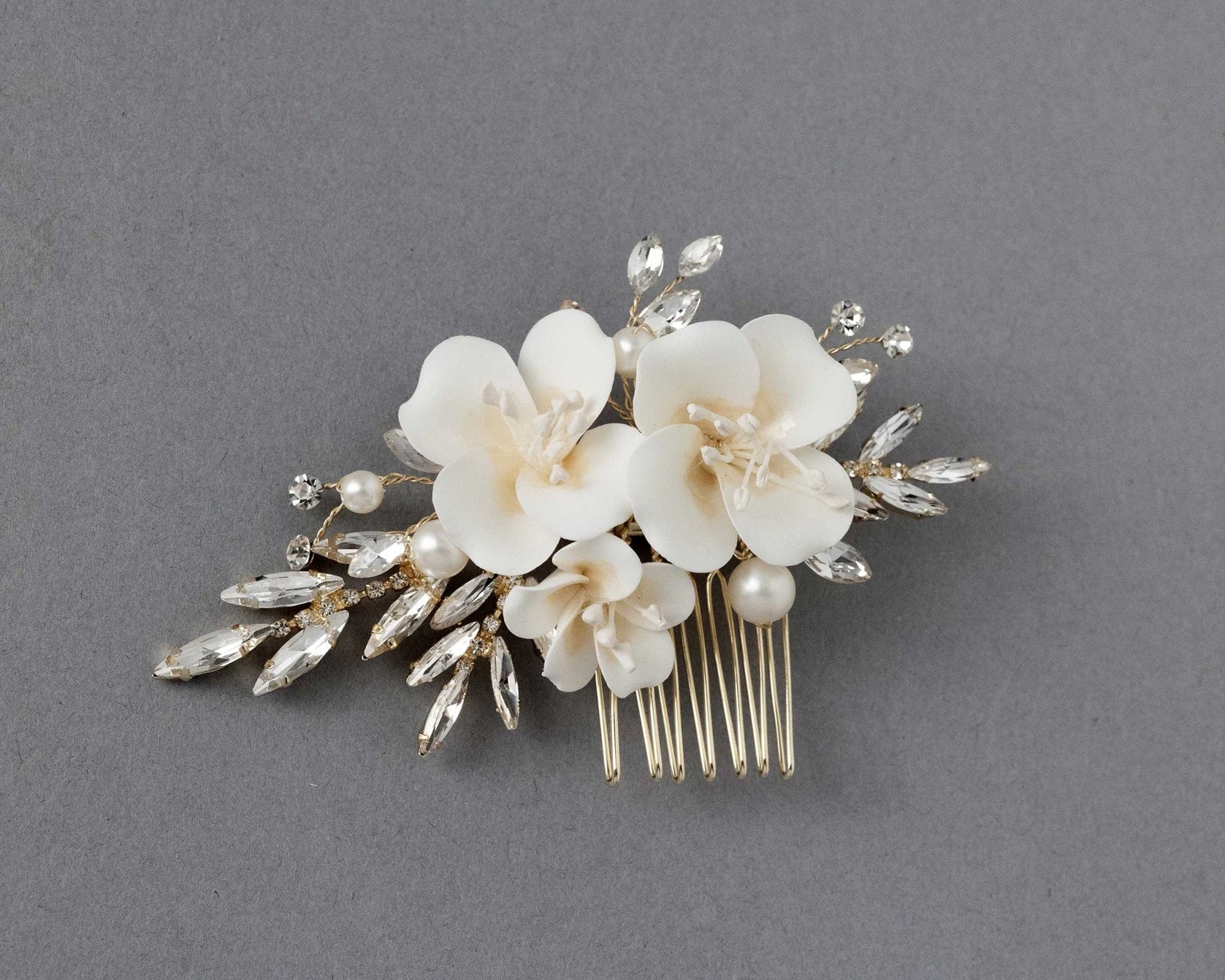 Bridal Comb of Matte Porcelain Flowers and Elongated Crystals - Hair Combs - Cassandra Lynne