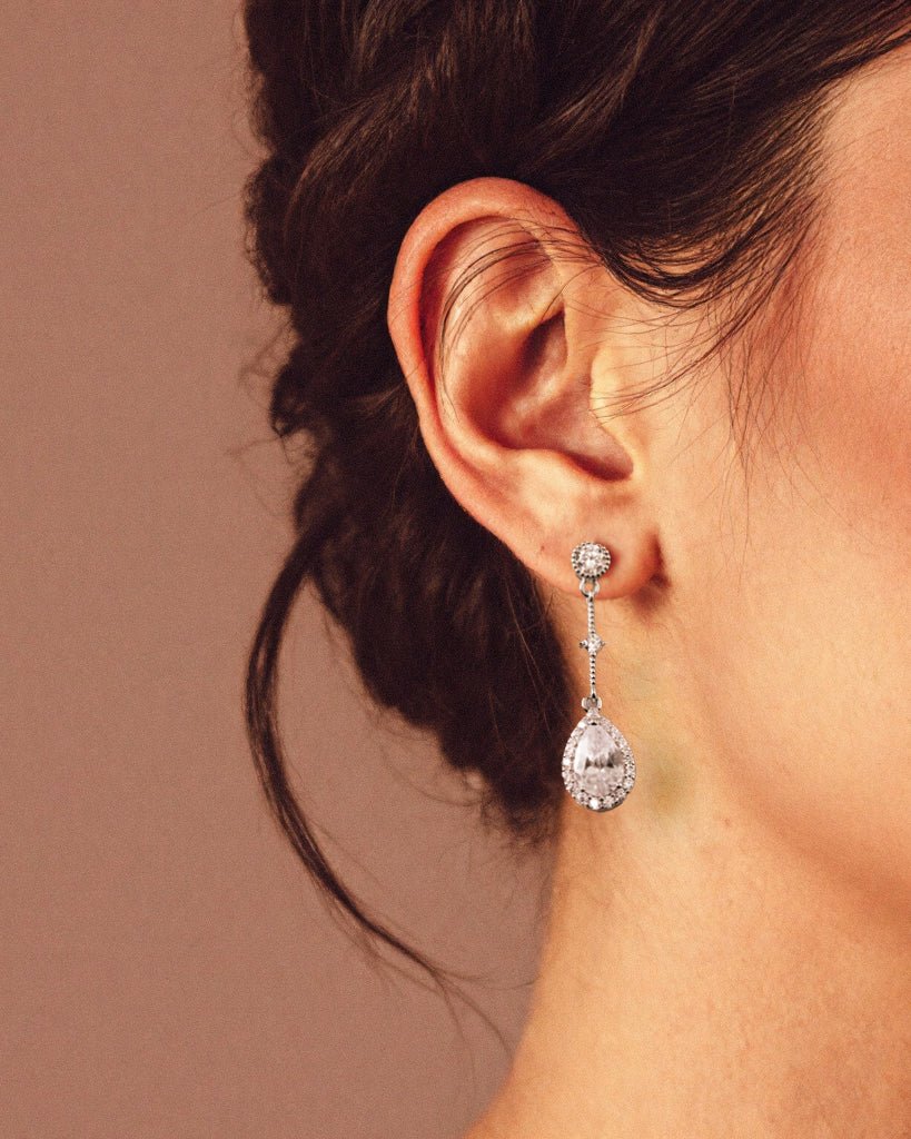 Bridal Earrings of Pave Pear Linked Drops - Earrings - Cassandra Lynne