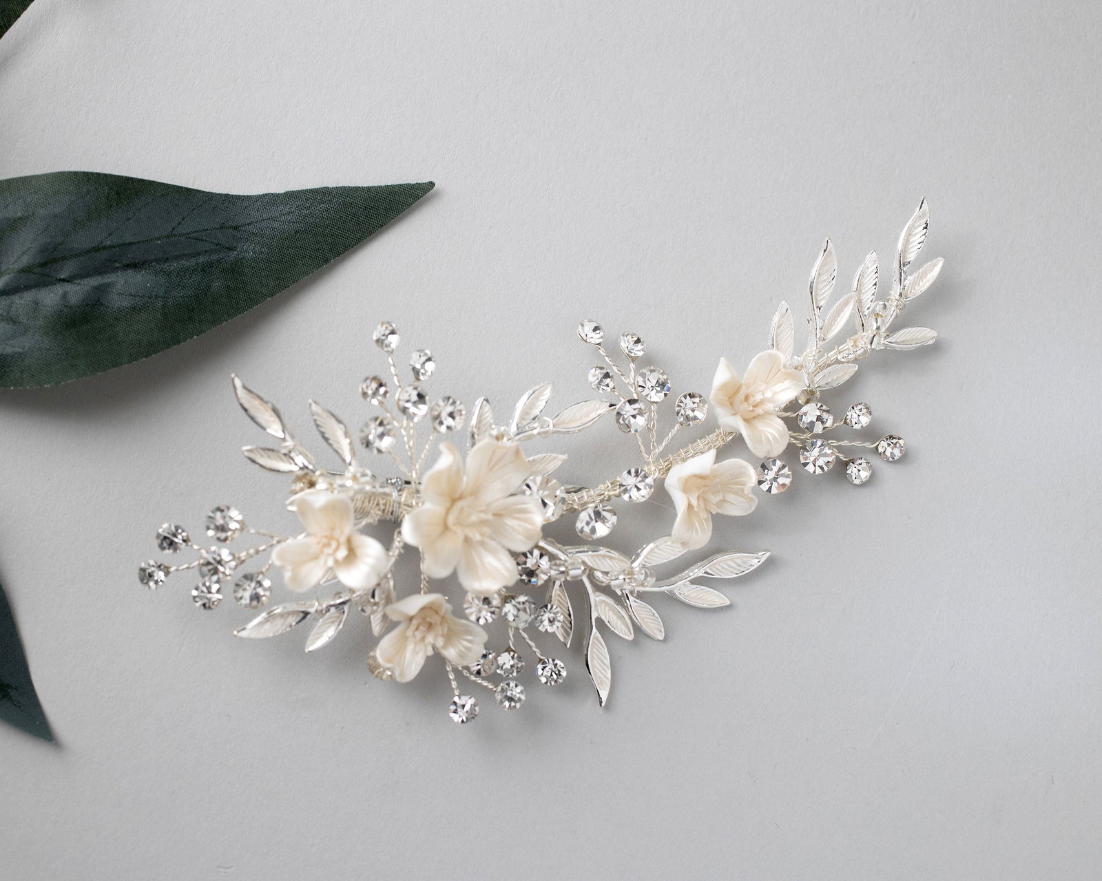 Porcelain Ivory Flowers and Crystals Bridal Clip