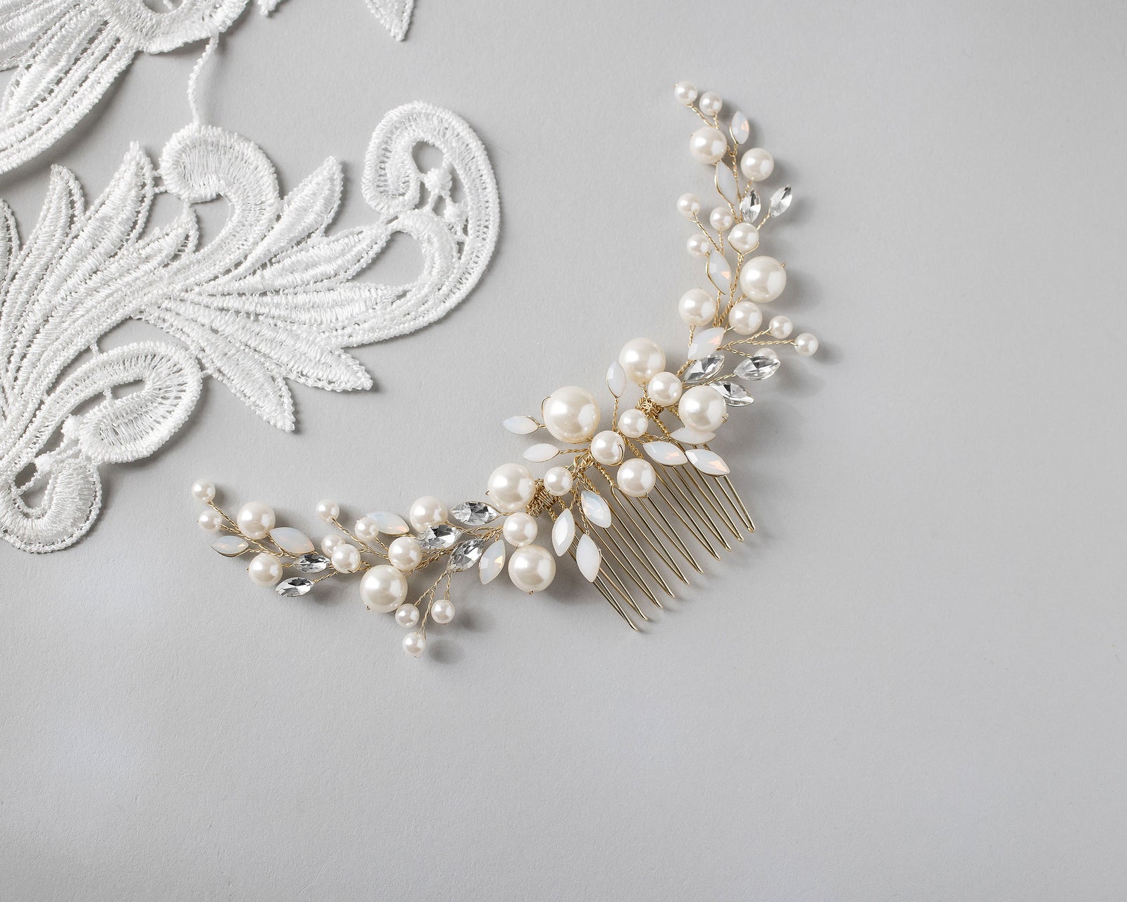 Ivory Pearls and Opal Bridal Comb