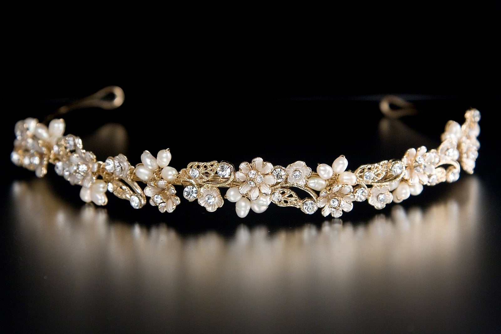 Bridal Tiara of Matte Gold Flowers and Pearls - Tiara - Cassandra Lynne