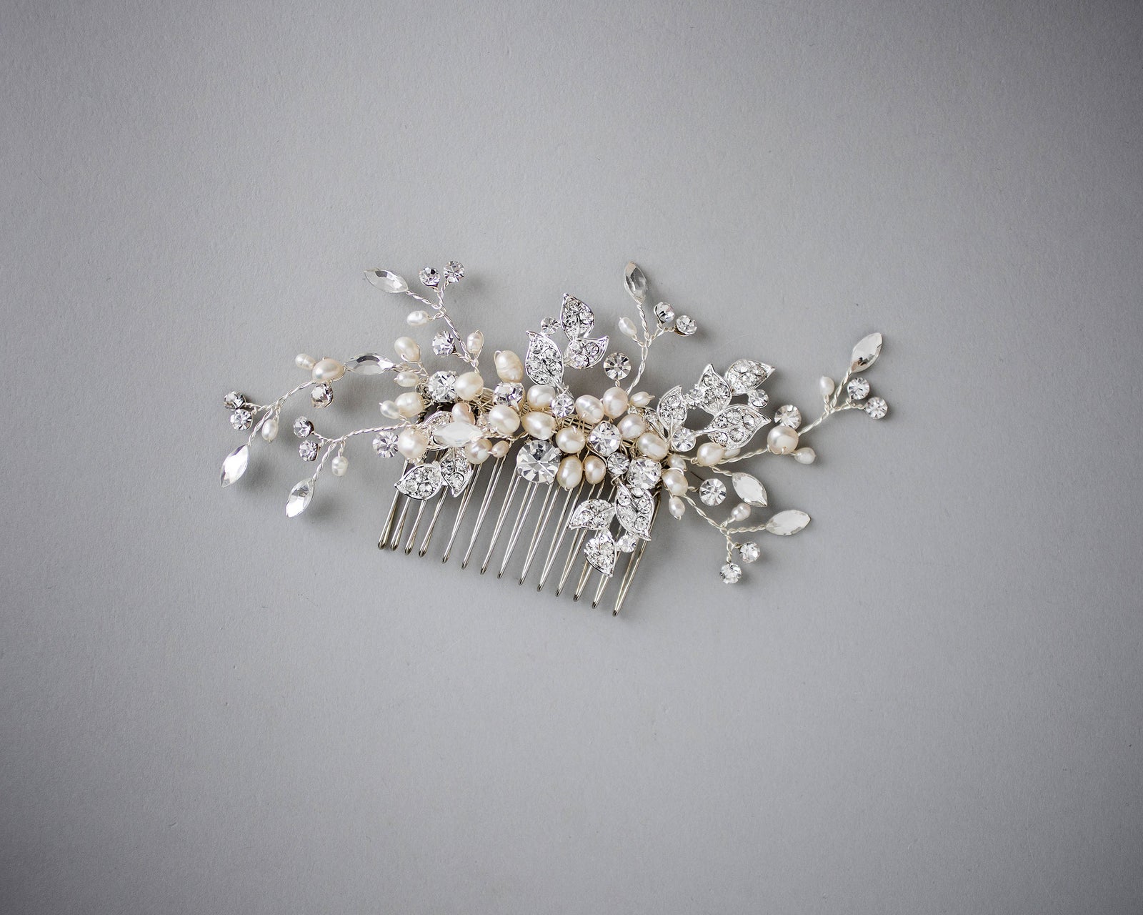 Wedding Comb of Crystal Leaves and Ivory Pearls