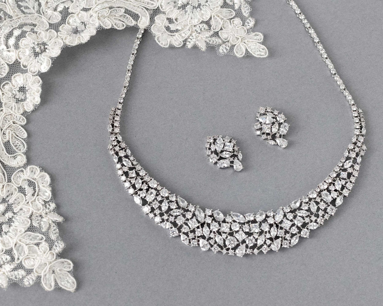 Multi Shape CZ Bib Style Wedding Necklace Set