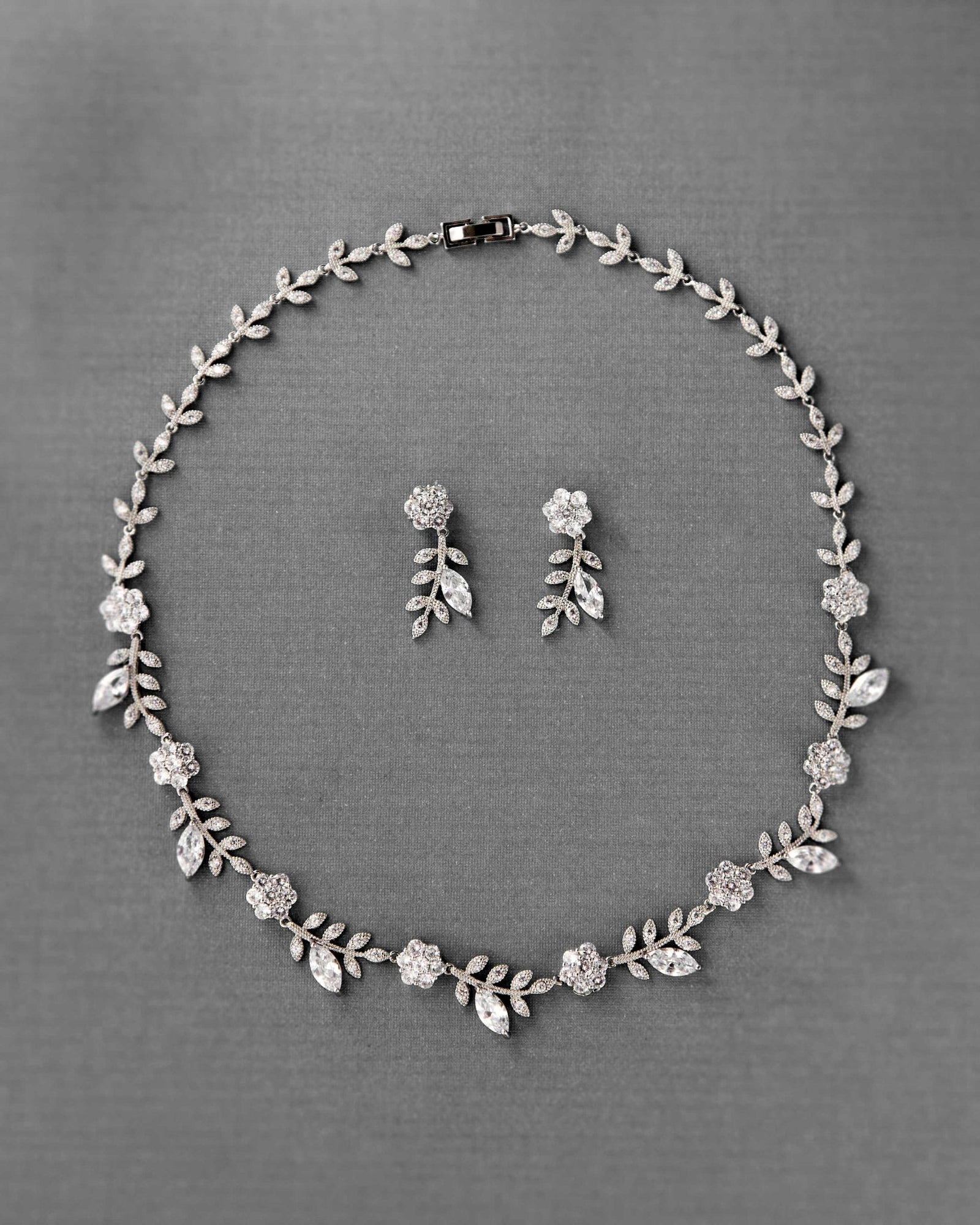 CZ Linked Flowers and Leaves Wedding Necklace - Necklace Set - Cassandra Lynne
