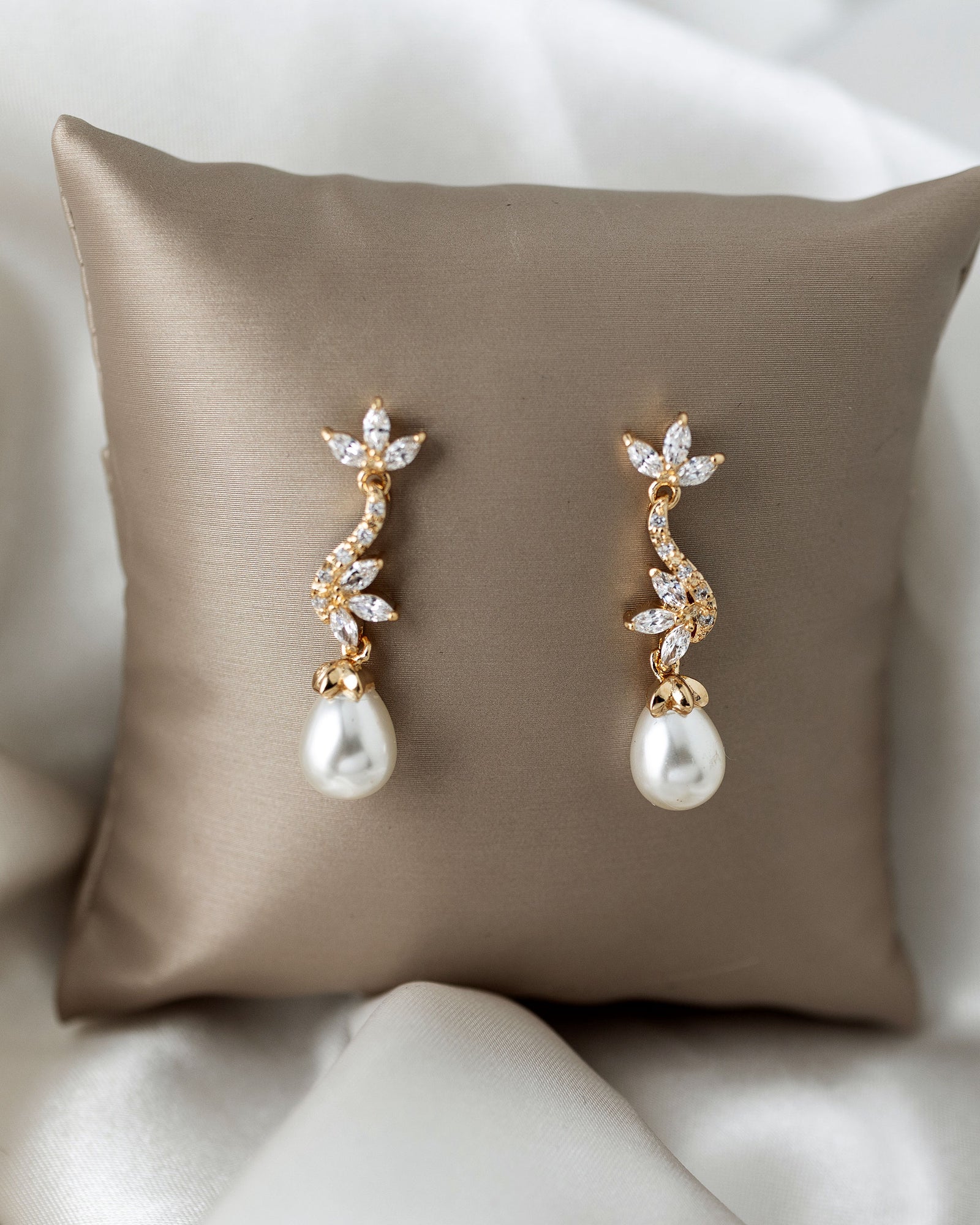 Ivory Teardrop Pearl CZ Vine Earrings Gold - Cassandra Lynne