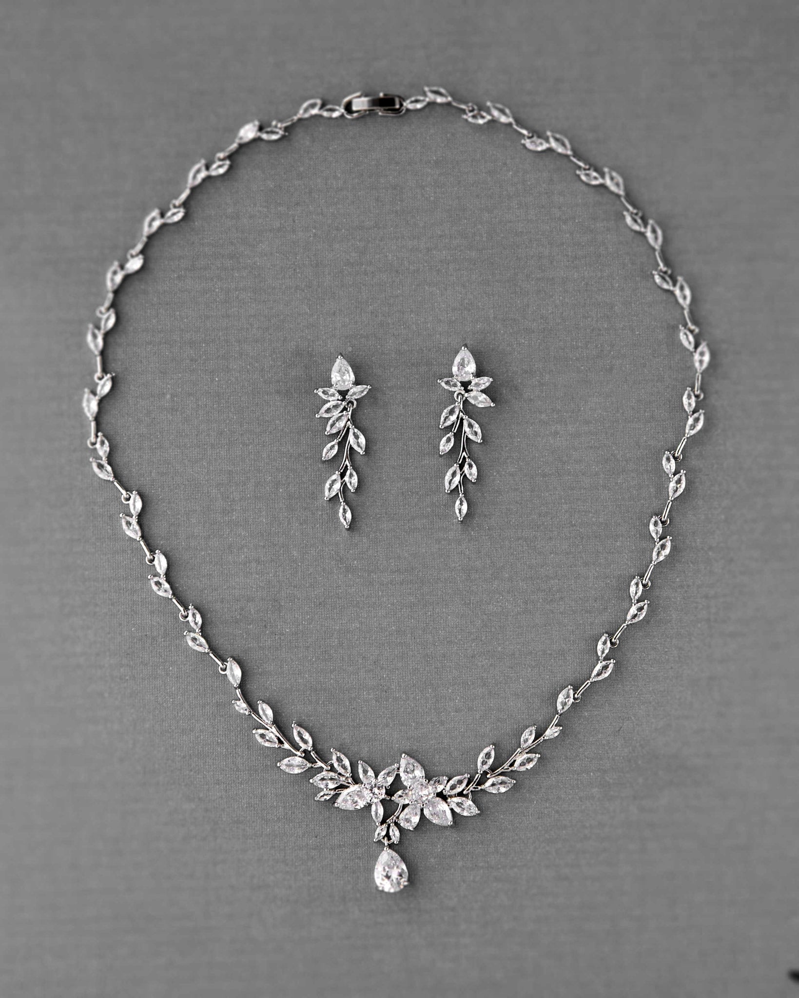 CZ Teardrop Flowers and Vines Bridal Necklace Set - Cassandra Lynne