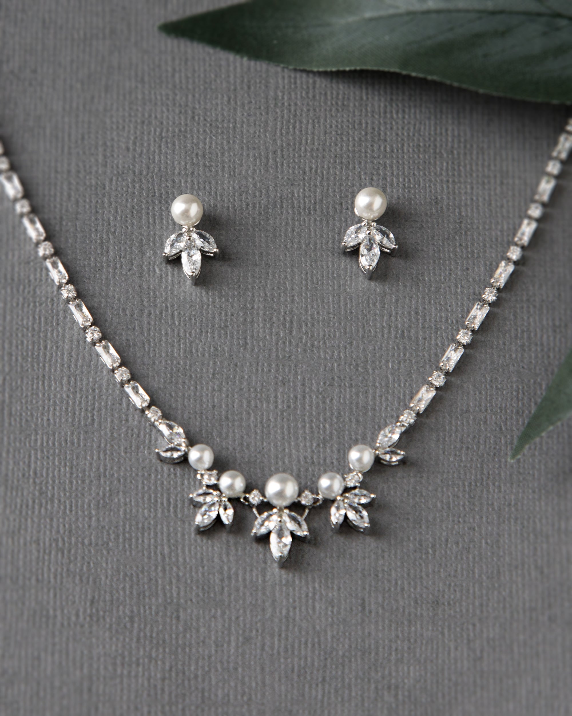 Bridal Necklace Set of Baguette CZ and Pearls - Cassandra Lynne