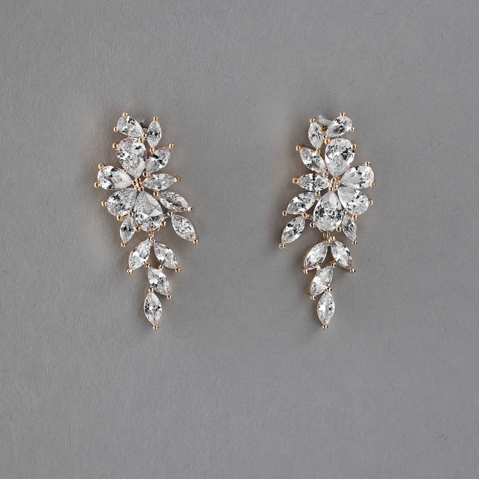Clip-On CZ Earrings Teardrop Flower Vine Drop