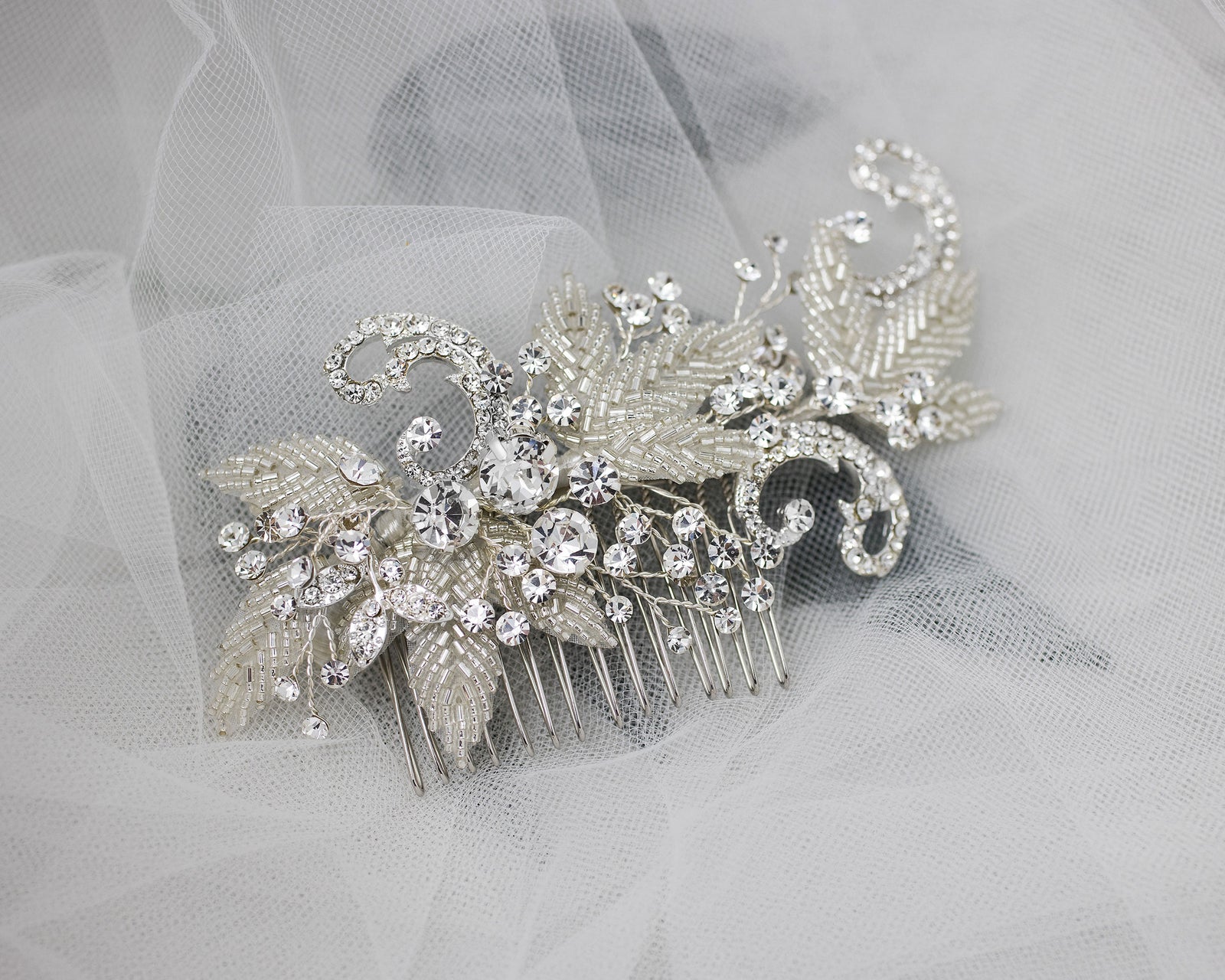Silver beaded Leaves and Crystal Scrolls Wedding Hair Comb