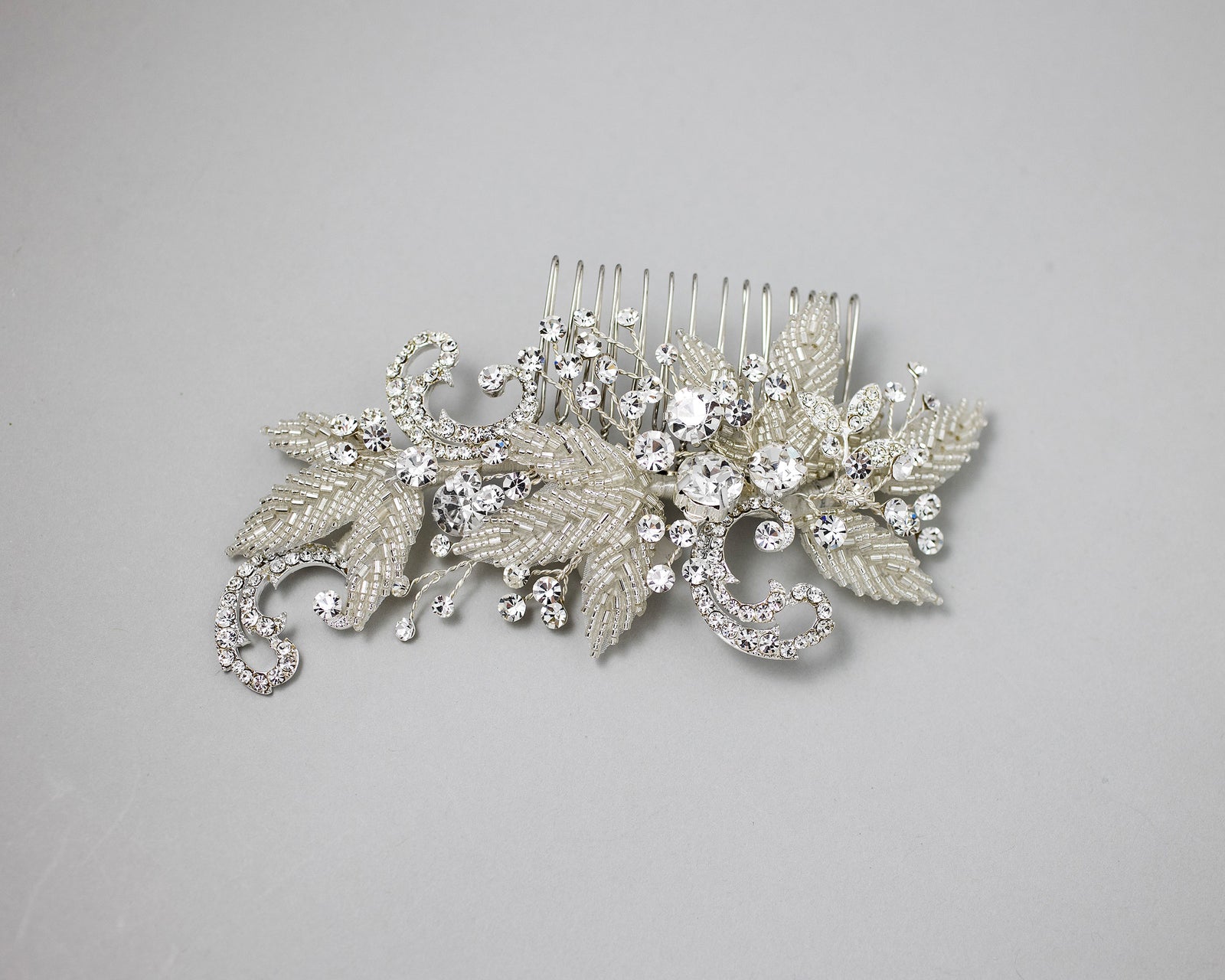 Silver beaded Leaves and Crystal Scrolls Wedding Hair Comb