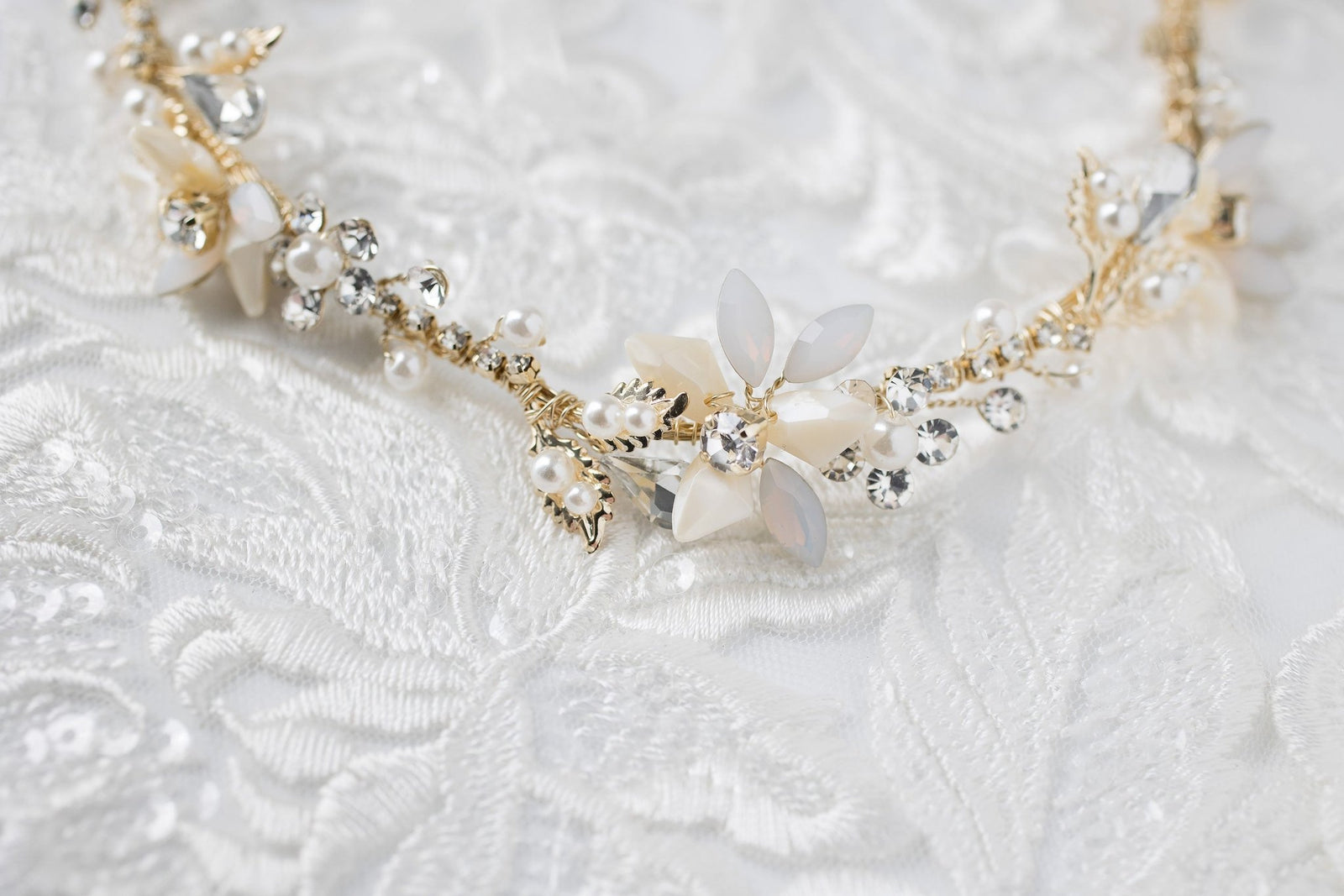 Gold Beaded Flower Bridal Headband with Opal Stones - Headband - Cassandra Lynne