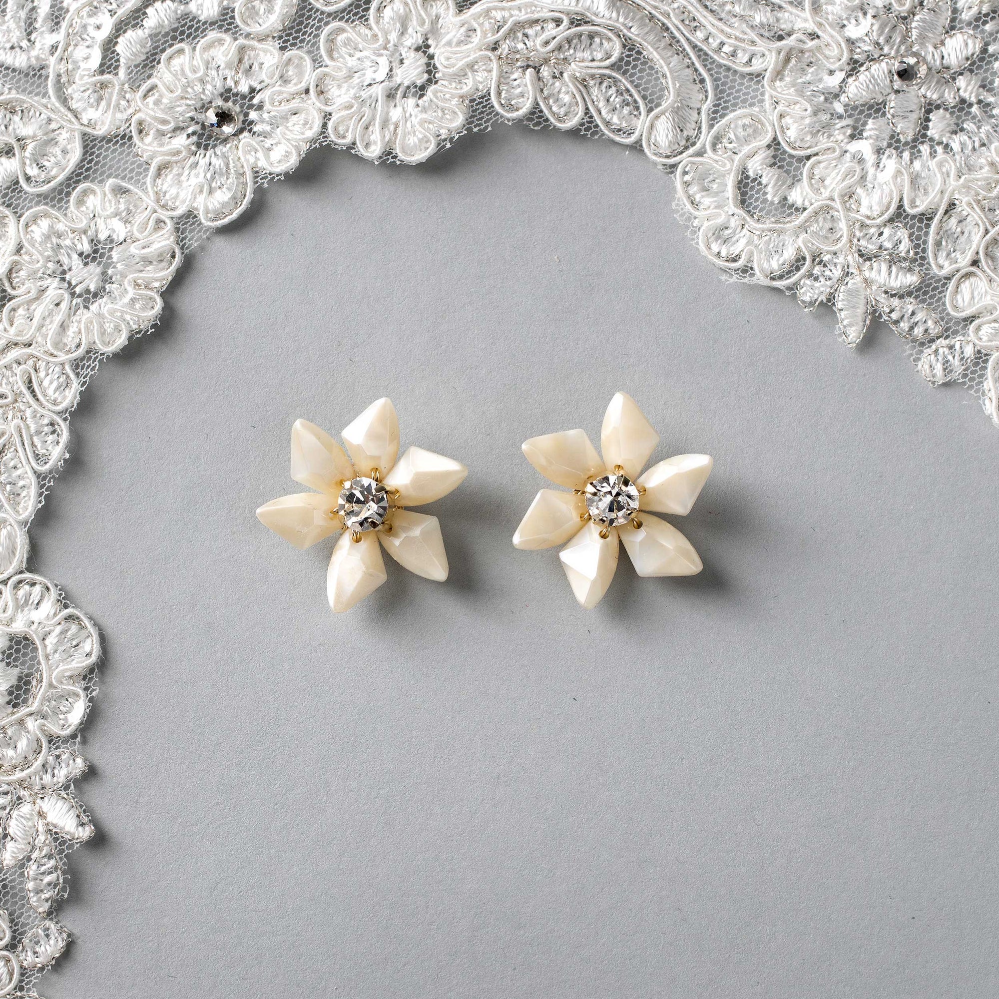 Ivory and Gold Flower Stud Earrings