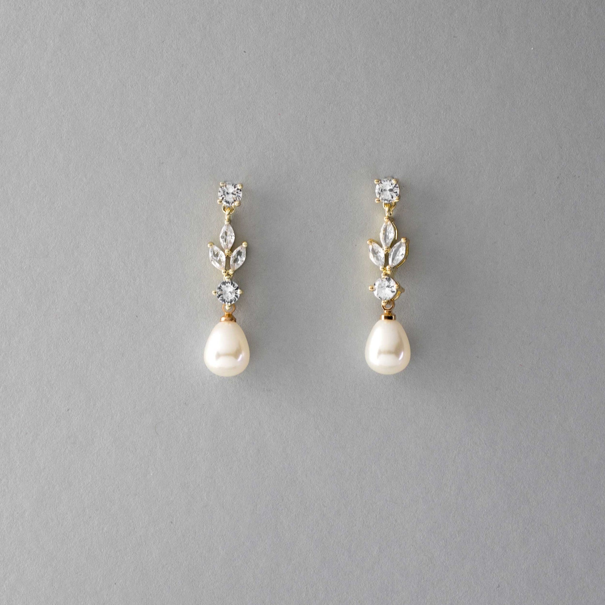 Bridal Earrings of Teardrop Pearls and CZ Gold Cassandra Lynne