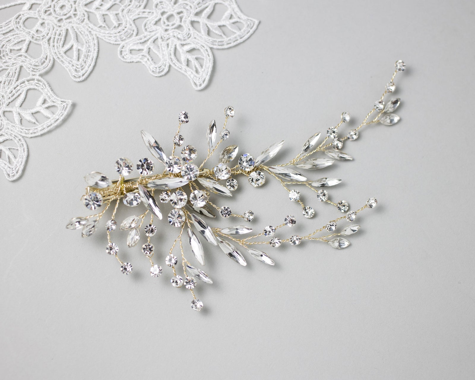 Bridal Hair Clip in Gold and Elongated Marquise Crystals