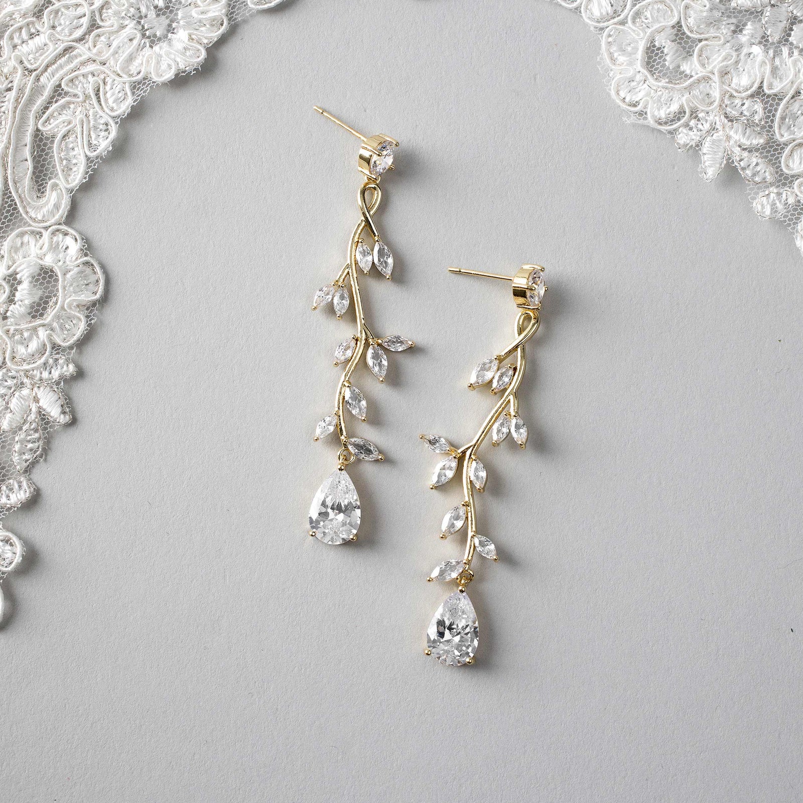Long Vine CZ Wedding Earrings in Gold - Cassandra Lynne