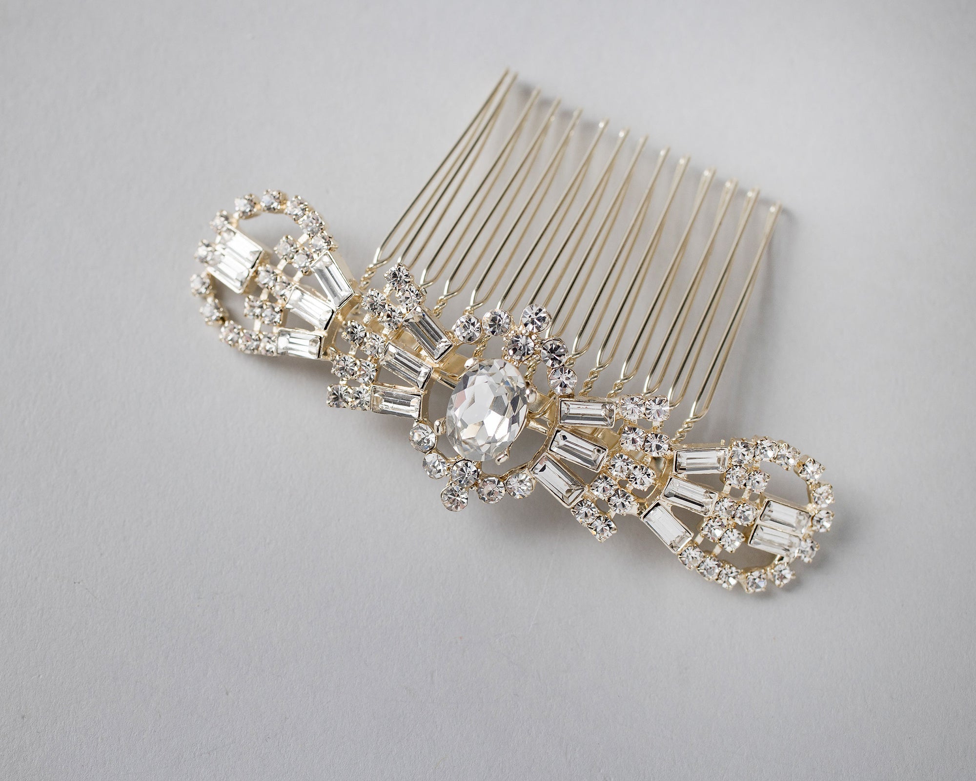 Gold Wedding Comb with Baguette and Oval Stones