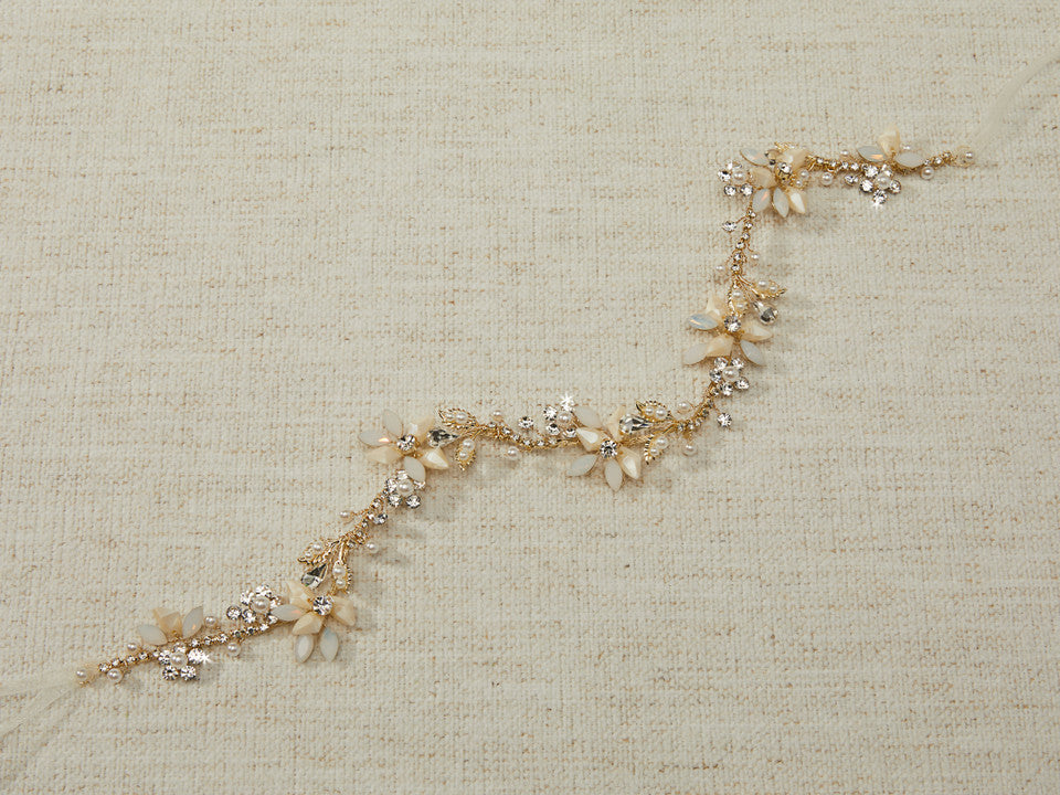 Gold Beaded Flower Bridal Headband with Opal Stones-Cassandra Lynne
