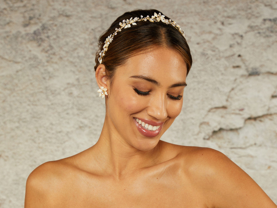 Gold Beaded Flower Bridal Headband with Opal Stones-Cassandra Lynne
