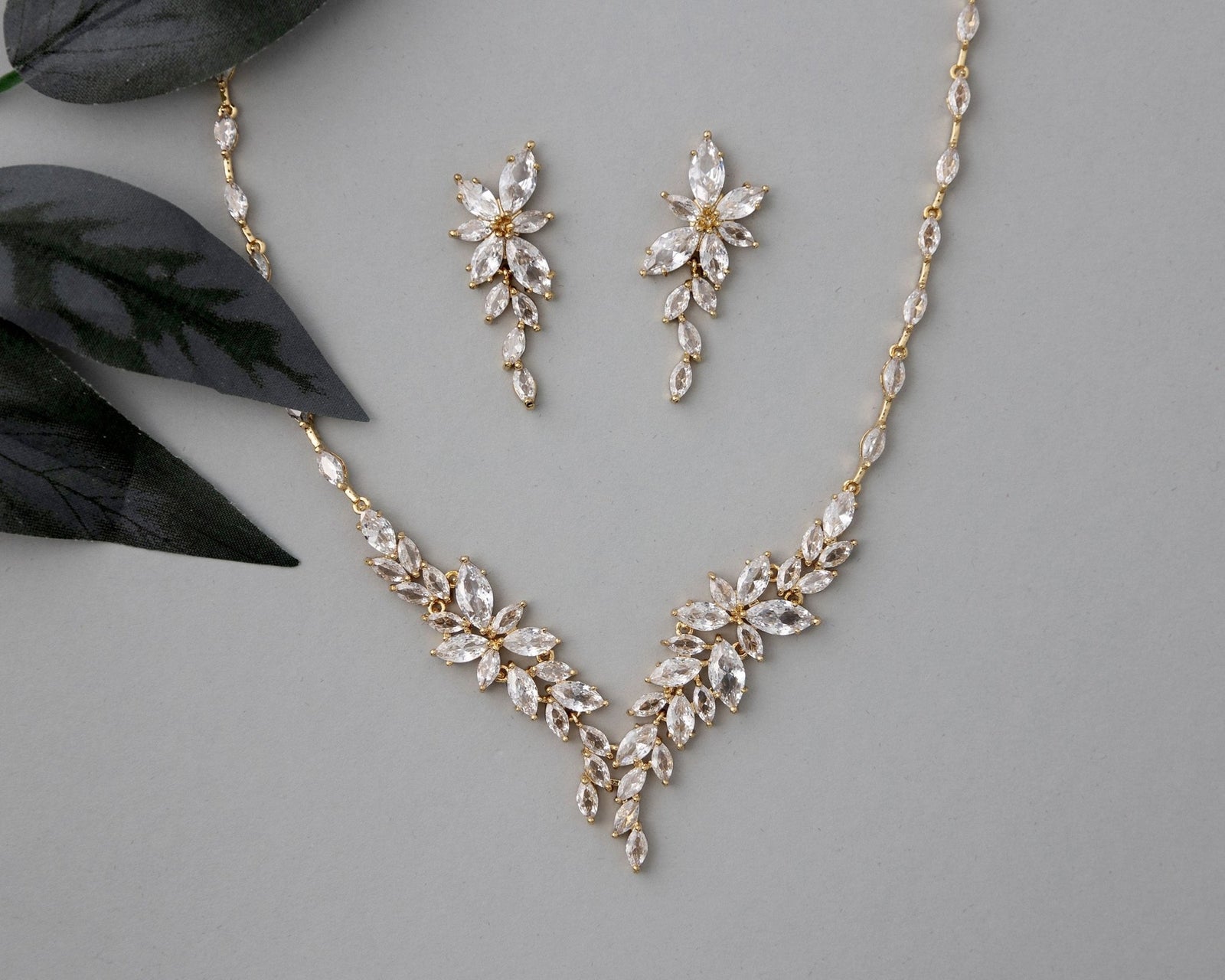 Intricate CZ Leaf Bridal Necklace Set - Necklace Set - Cassandra Lynne