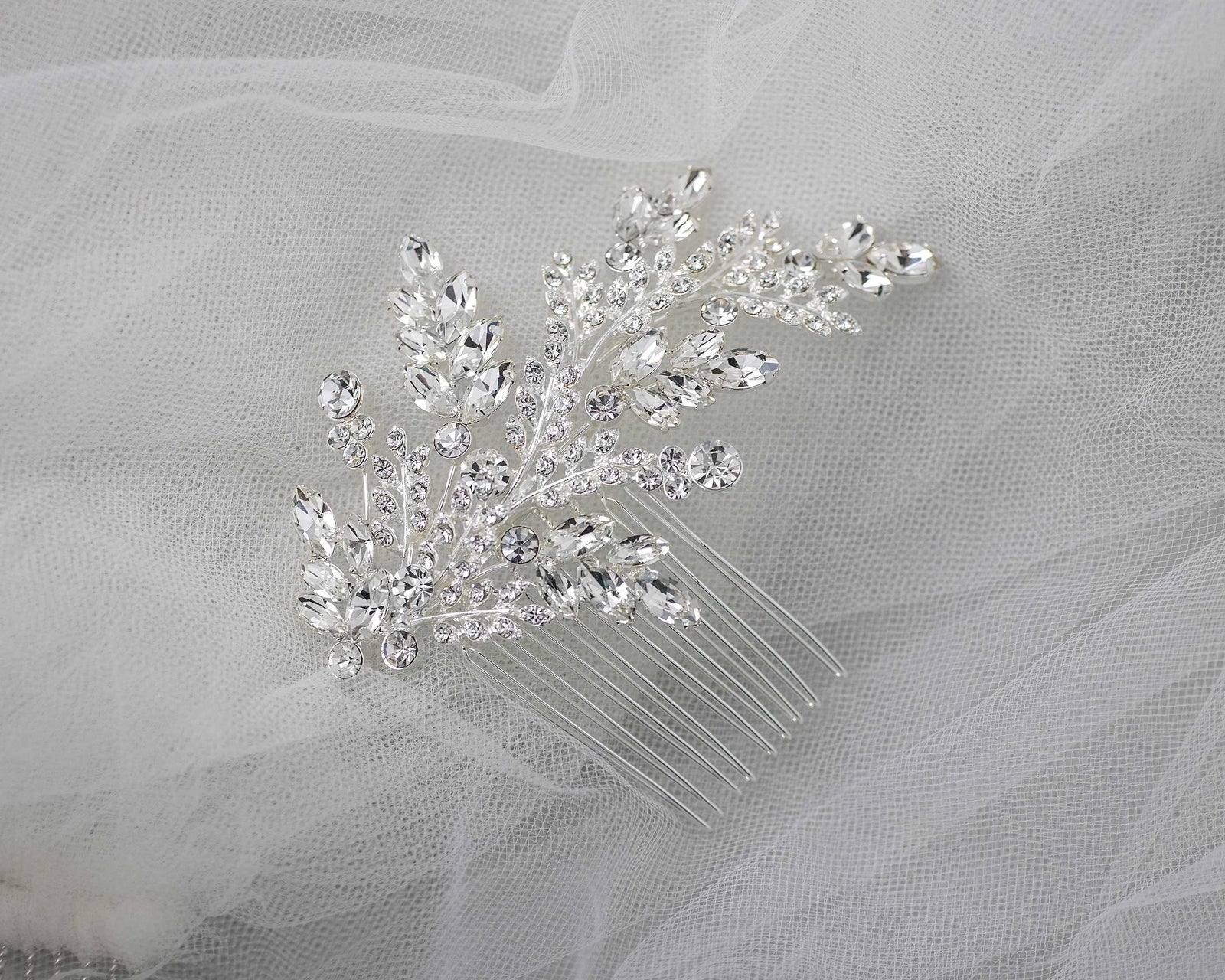 Bridal Comb of Delicate Crystal Fern Fronds