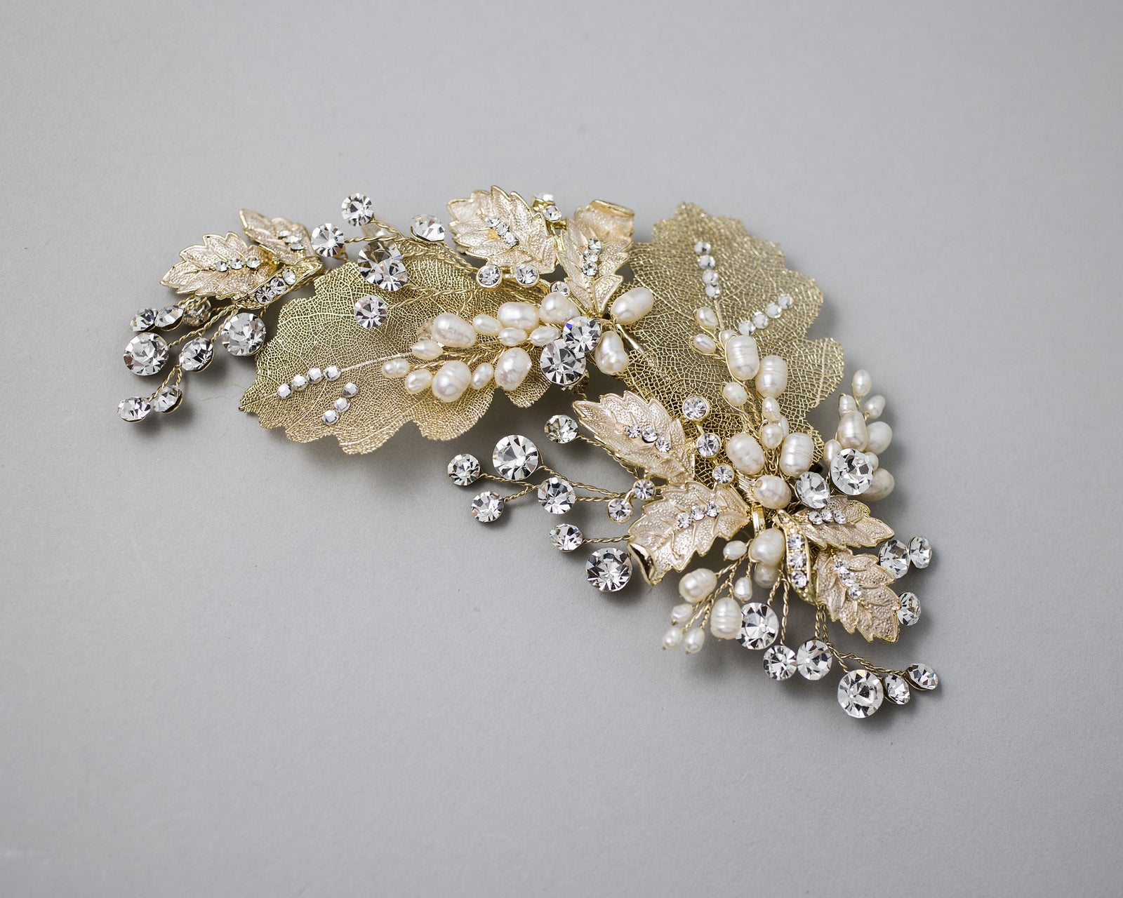 Gold Lace Leaf Wedding Clip with Cultured Pearls