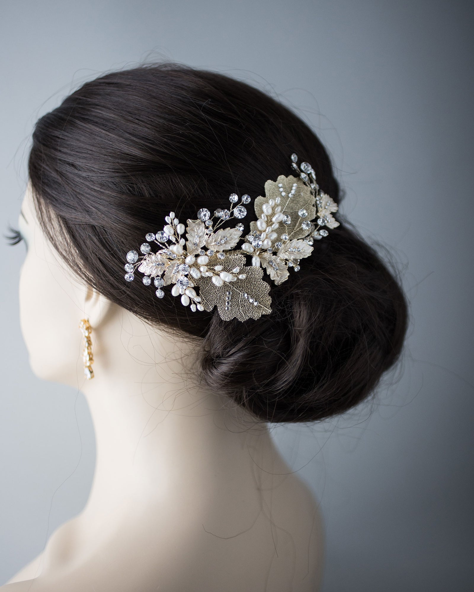Gold Lace Leaf Wedding Clip with Cultured Pearls