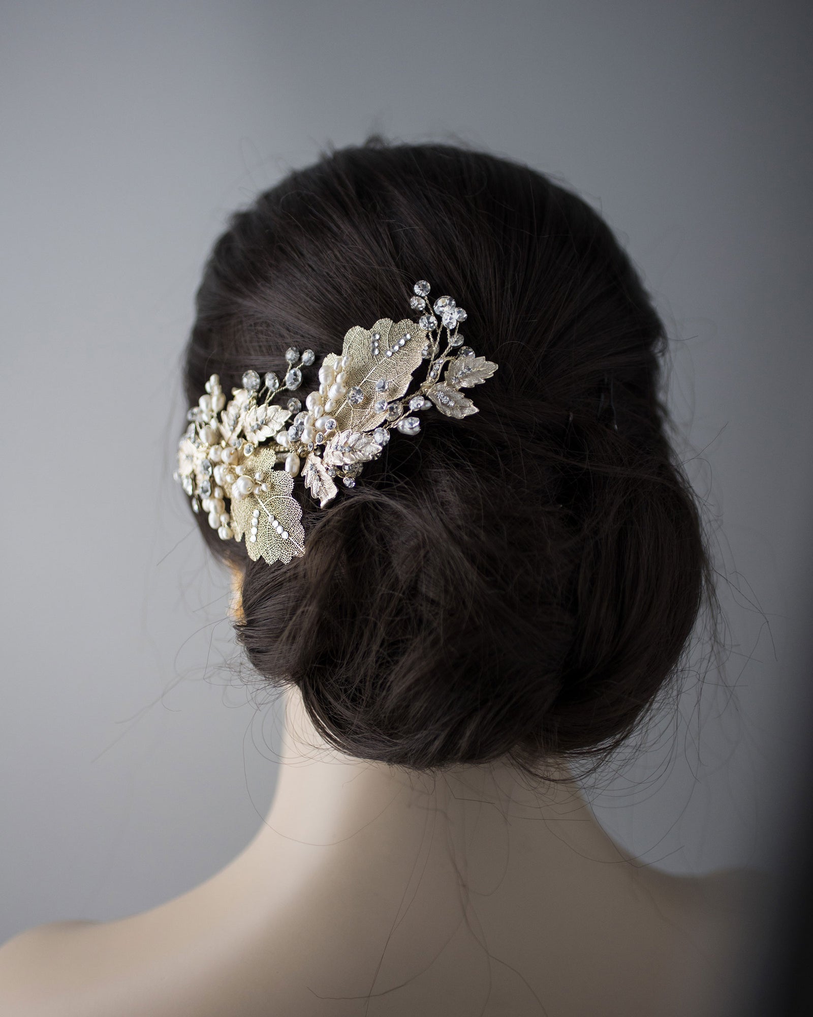 Gold Lace Leaf Wedding Clip with Cultured Pearls