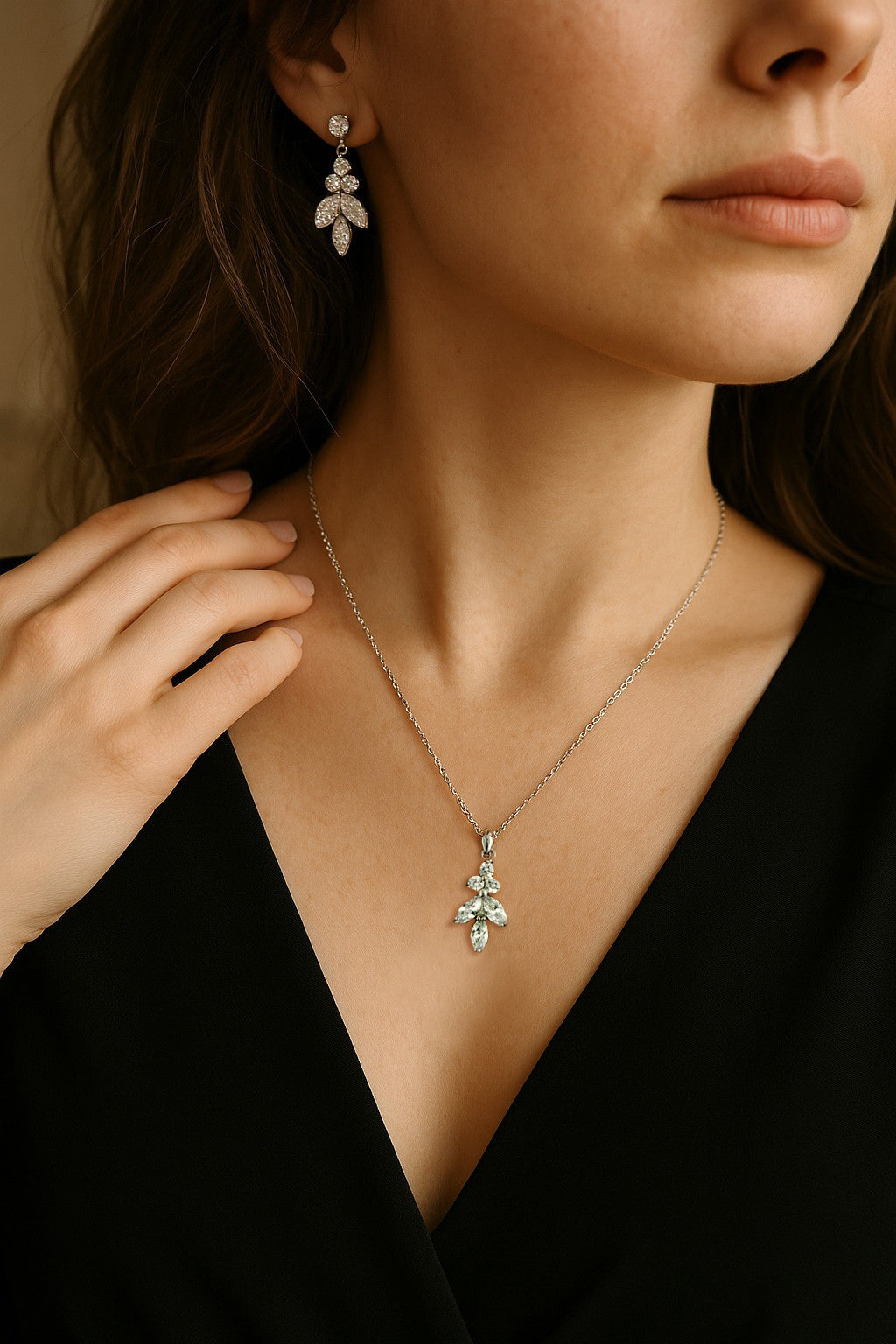 Leaf CZ Pendant Necklace Set
