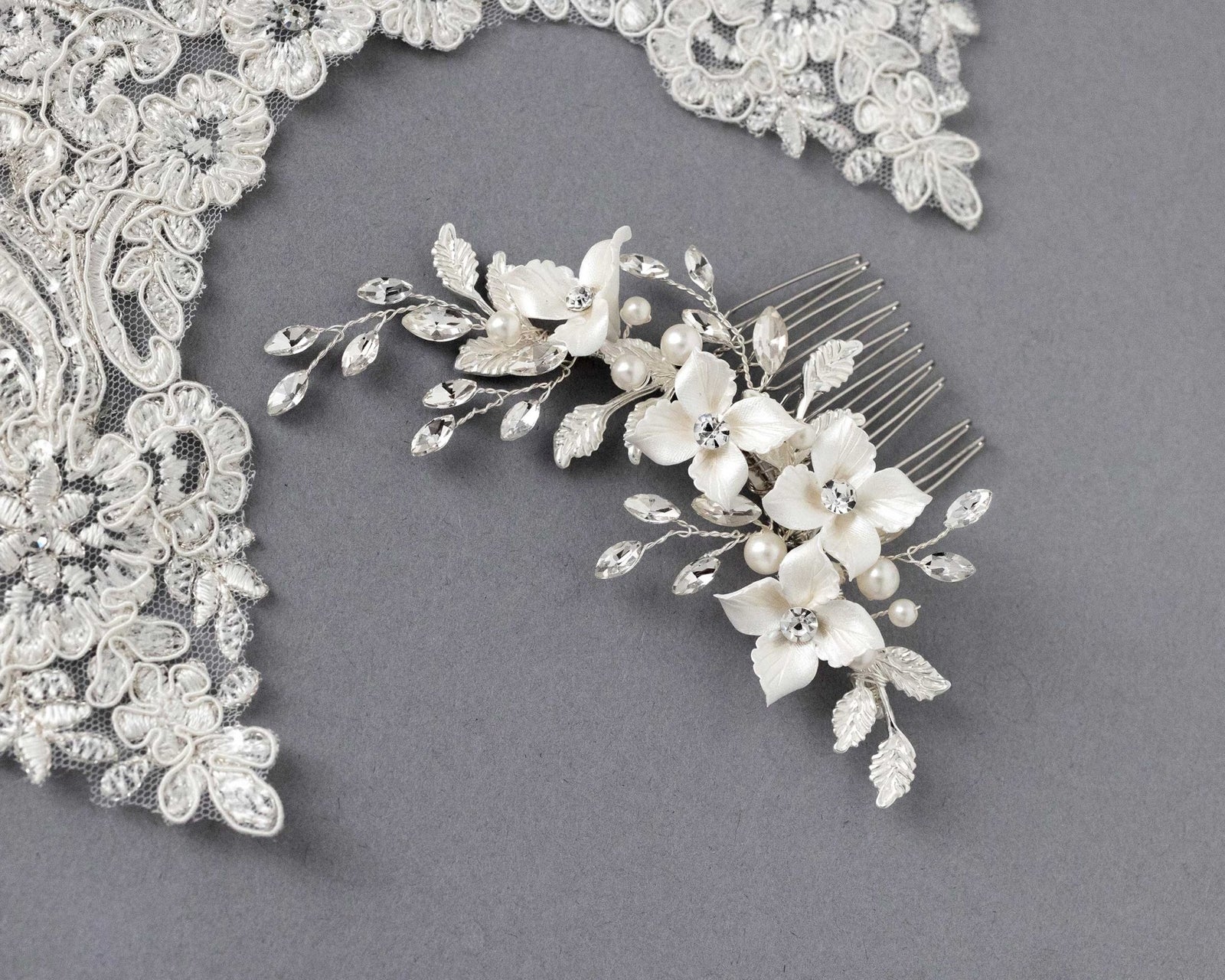 Leafy Bridal Hair Comb with Porcelain Flowers - Hair Combs - Cassandra Lynne