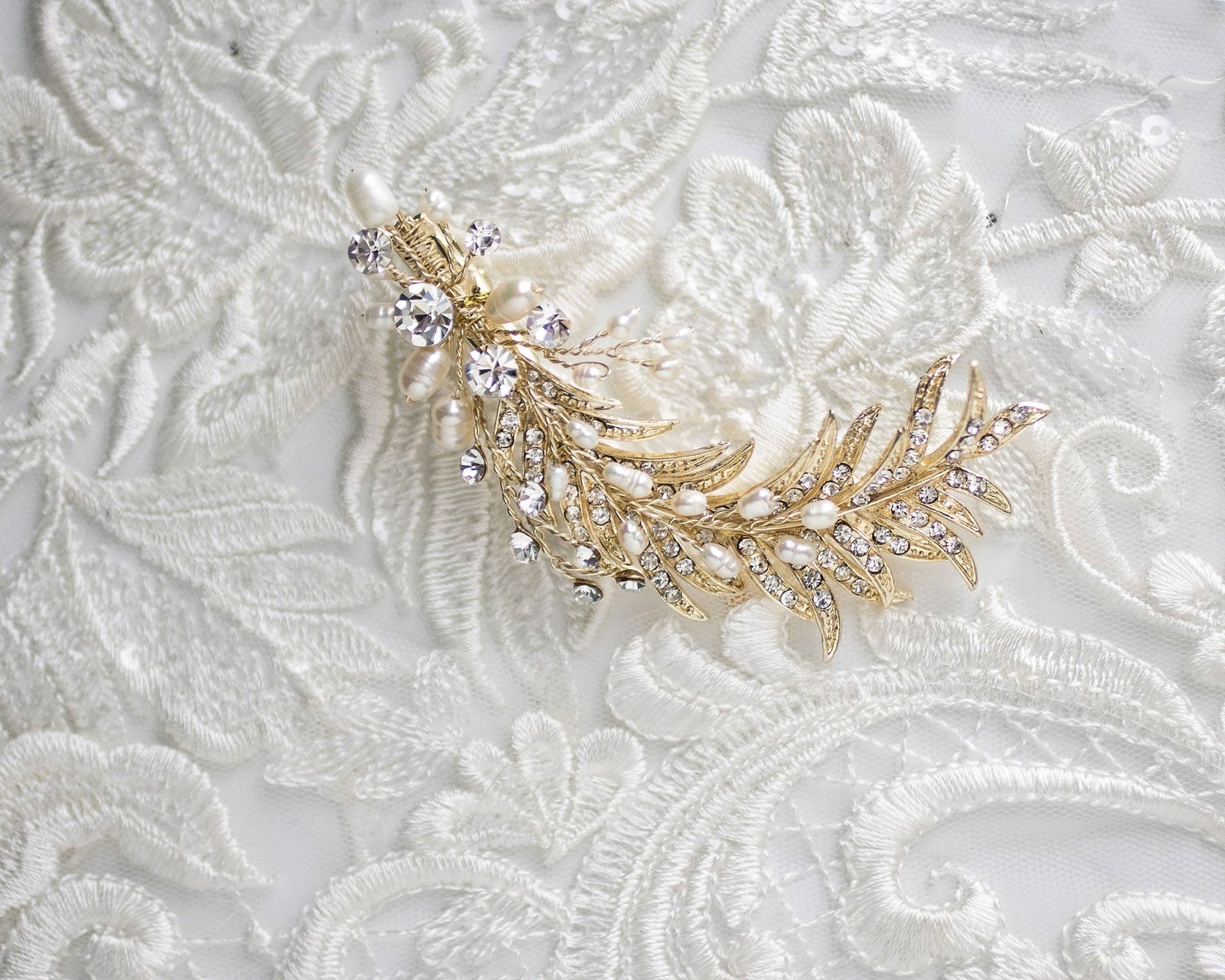 Light Gold Crystal Feather Hair Clip with Pearls - Hair Clips - Cassandra Lynne