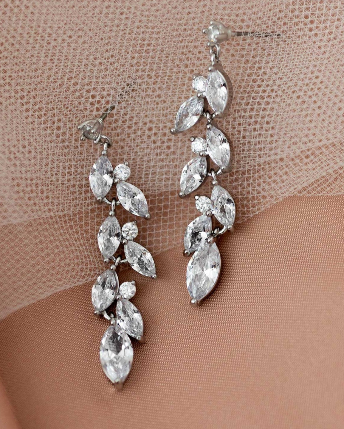CZ Wedding Earrings with a Marquise Vine Design