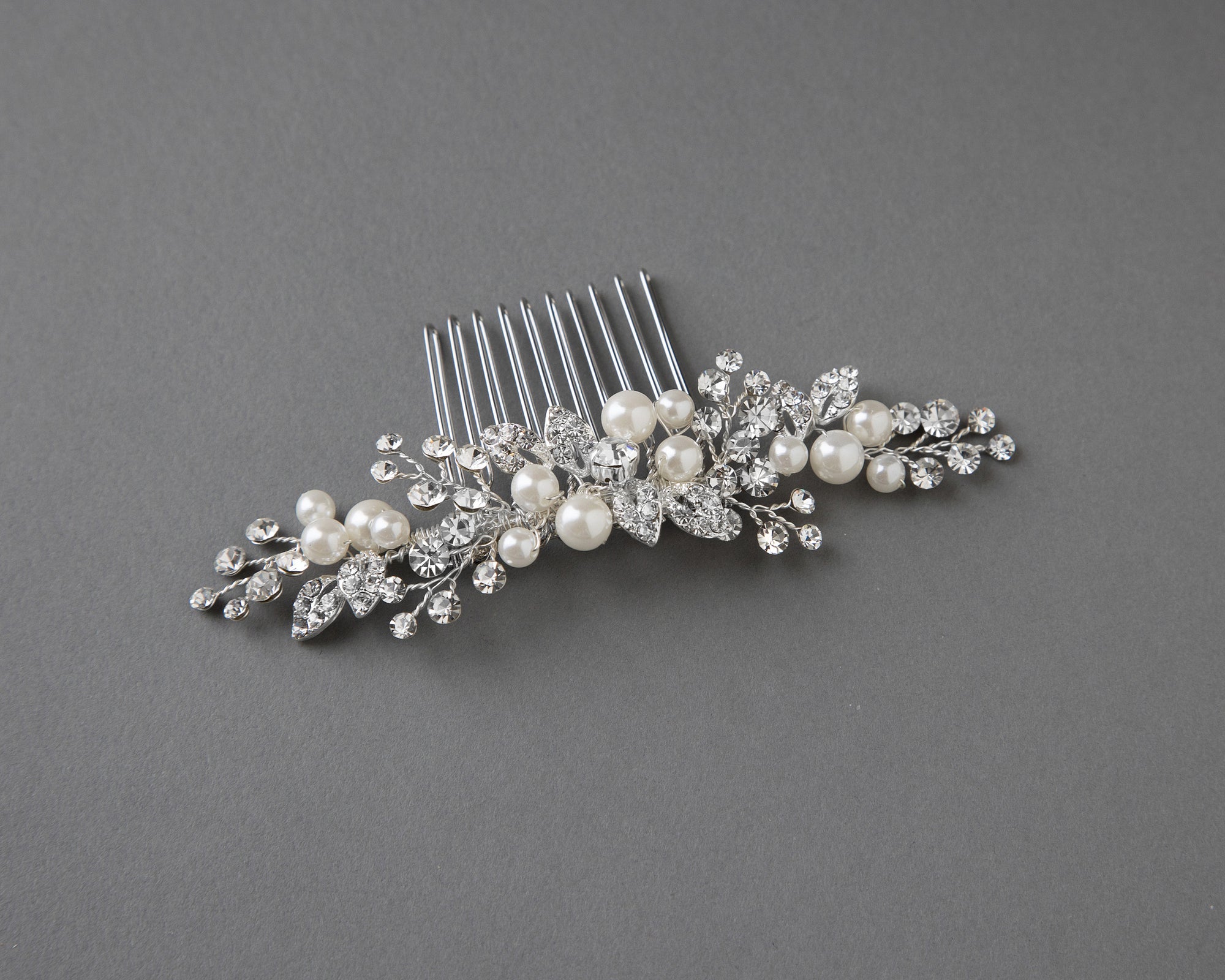 Ivory Pearl and Crystal Leaves Narrow Hair Comb - Cassandra Lynne