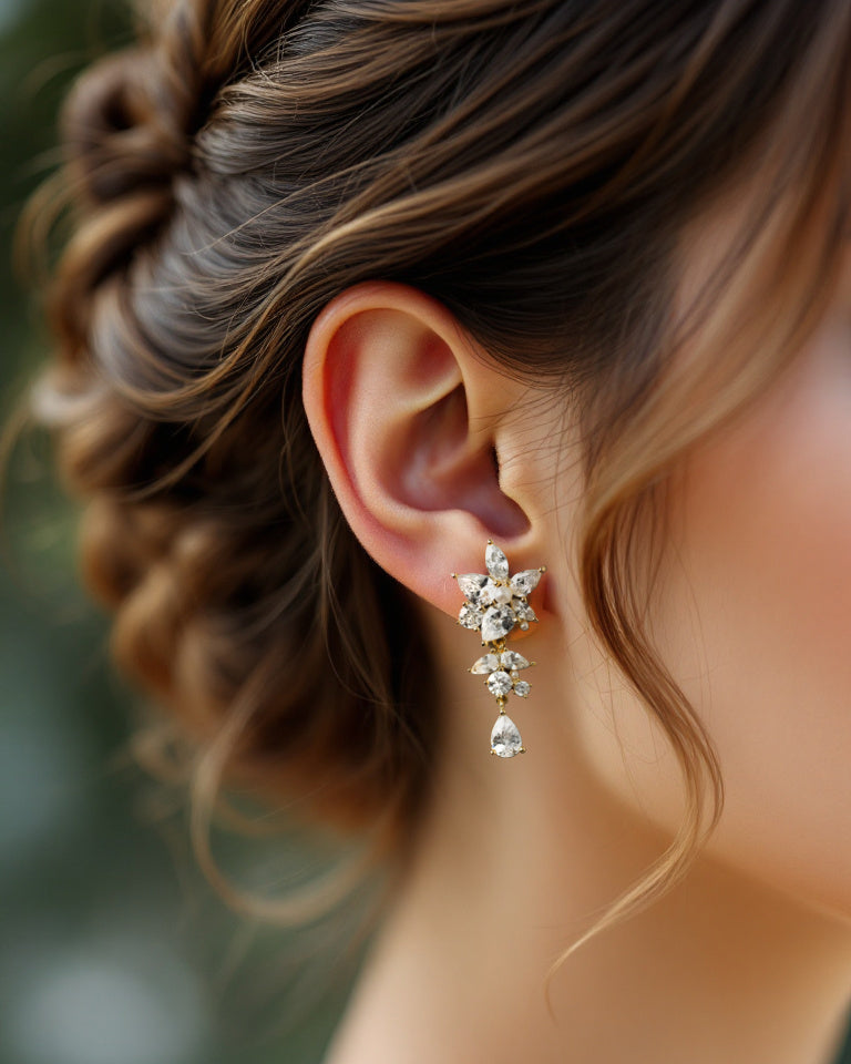 CZ Flower Earrings with Tiny Pearl Center Gold - Cassandra Lynne