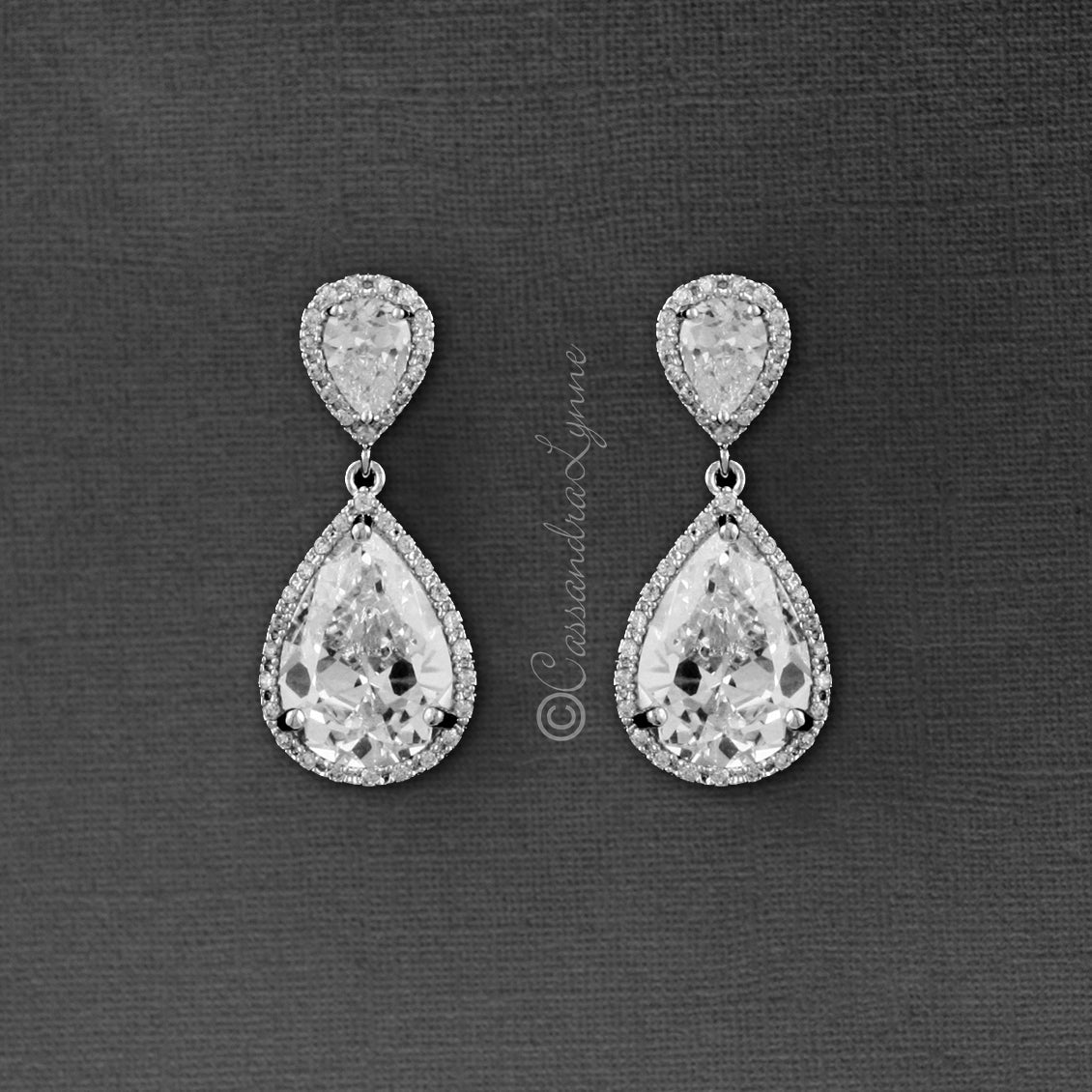 Pear Drop CZ Earrings for the Bride Clip-On Style - Cassandra Lynne
