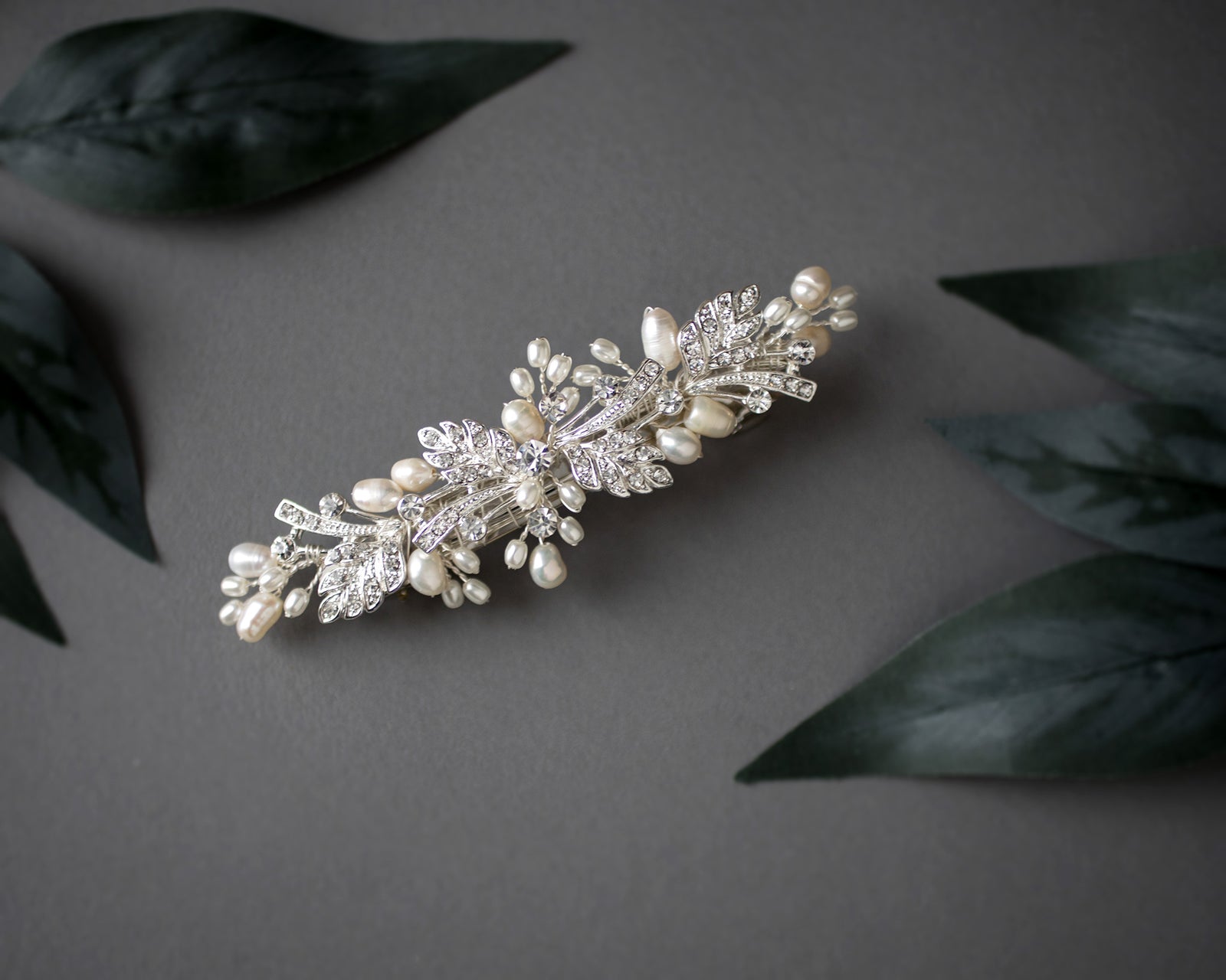 Silver Wedding Hair Barrette with Ivory Pearls - Cassandra Lynne