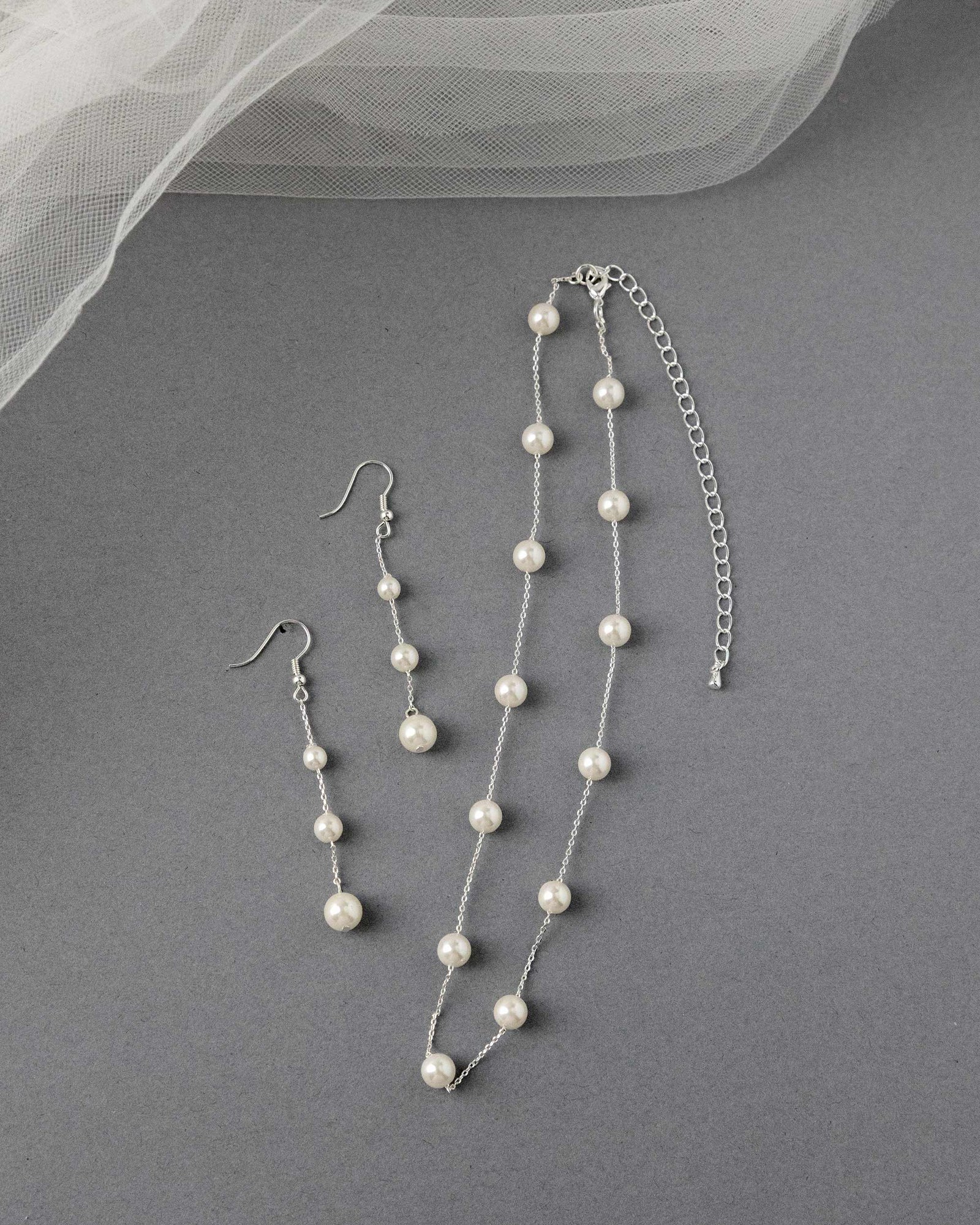 Pearl Station Necklace and Dangle Earrings