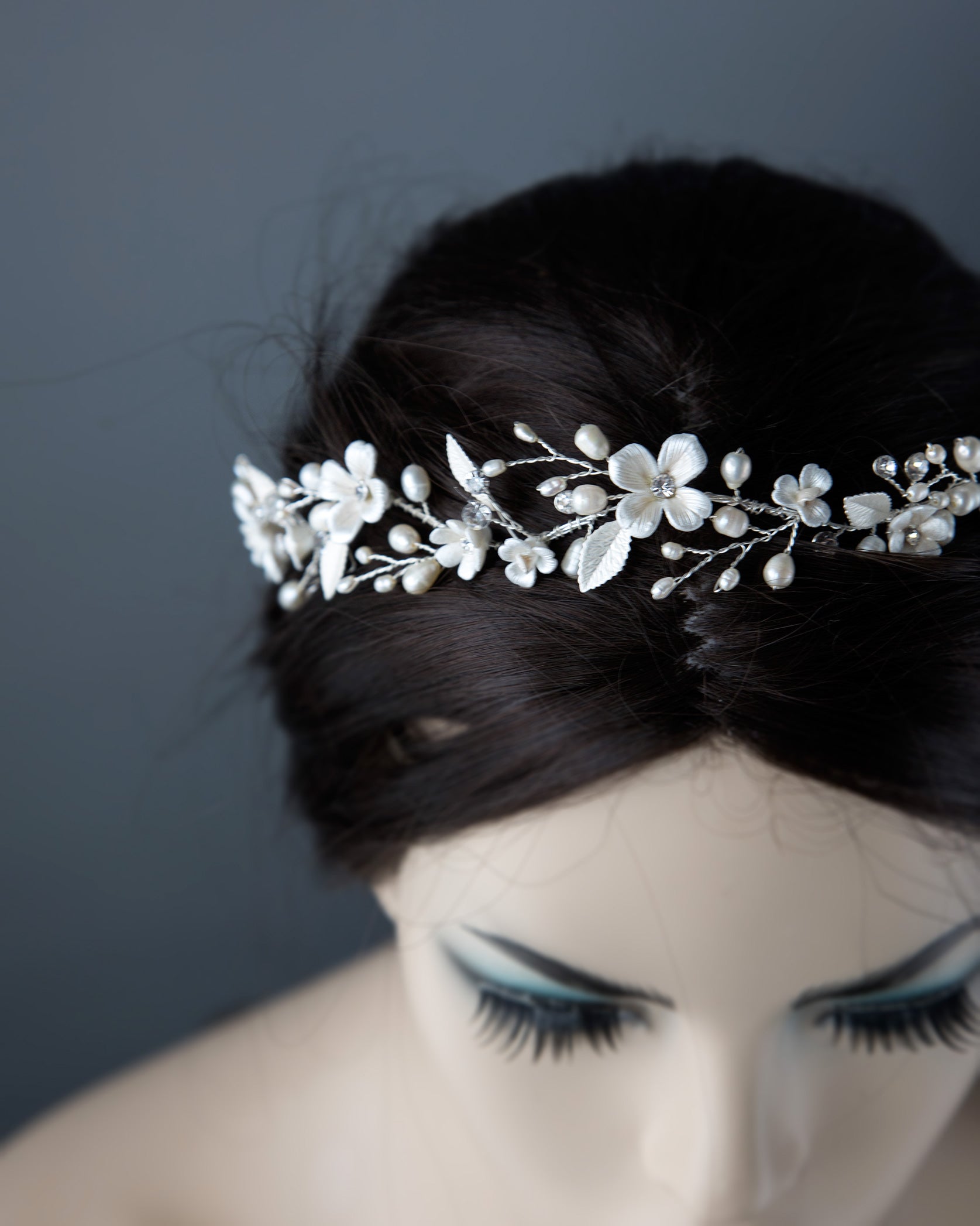 All Porcelain Flower Wedding Hair Vine - Cassandra Lynne