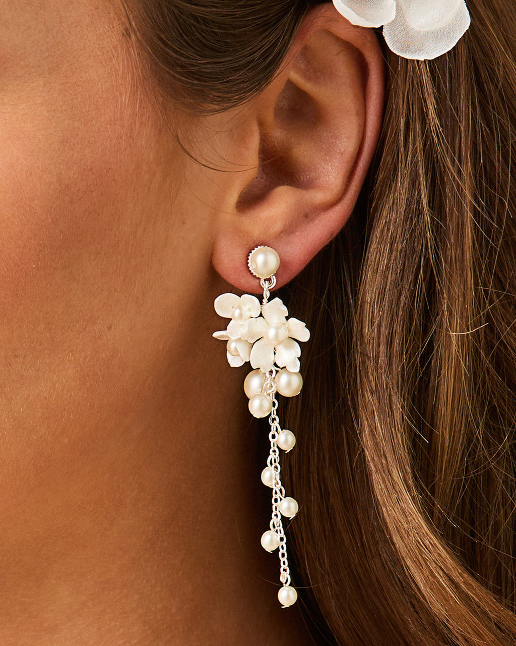 Porcelain Flower Cluster Dangle Pearl Earrings - Cassandra Lynne
