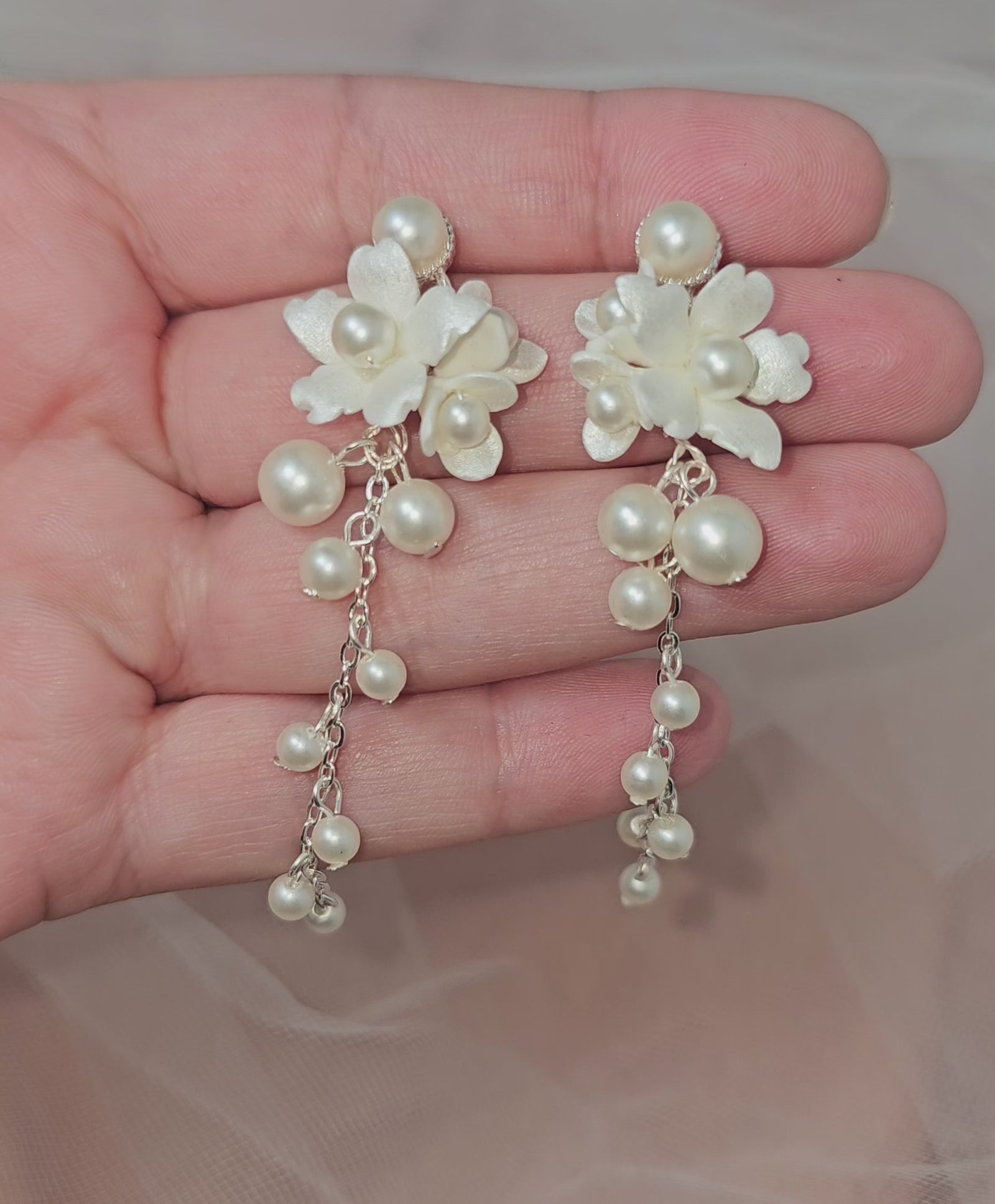 Porcelain Flower Cluster Dangle Pearl Earrings