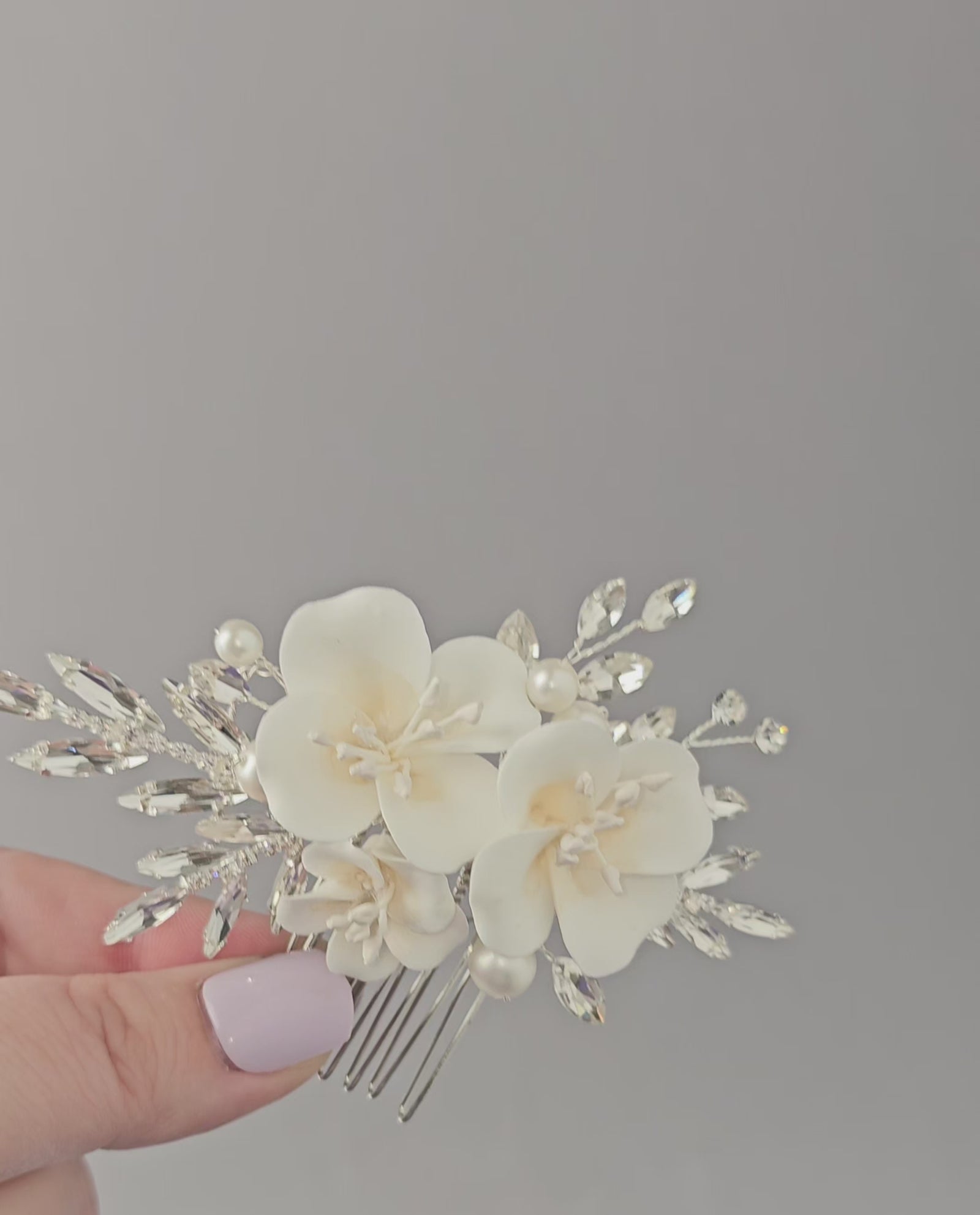 Bridal Comb of Matte Porcelain Flowers and Elongated Crystals