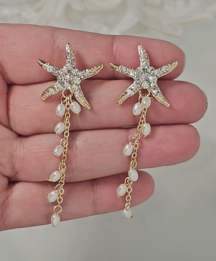 Crystal Starfish Pearl Dangle Earrings