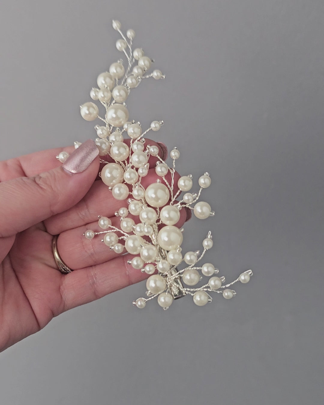 Bridal Hair Clip of Ivory Pearls and Glass Beads