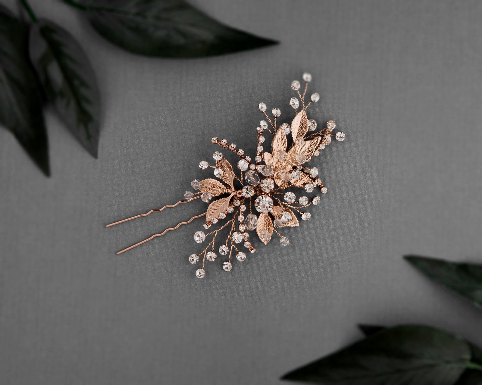 Rose Gold Bridal Hair Pin of Crystals and Leaves - Cassandra Lynne