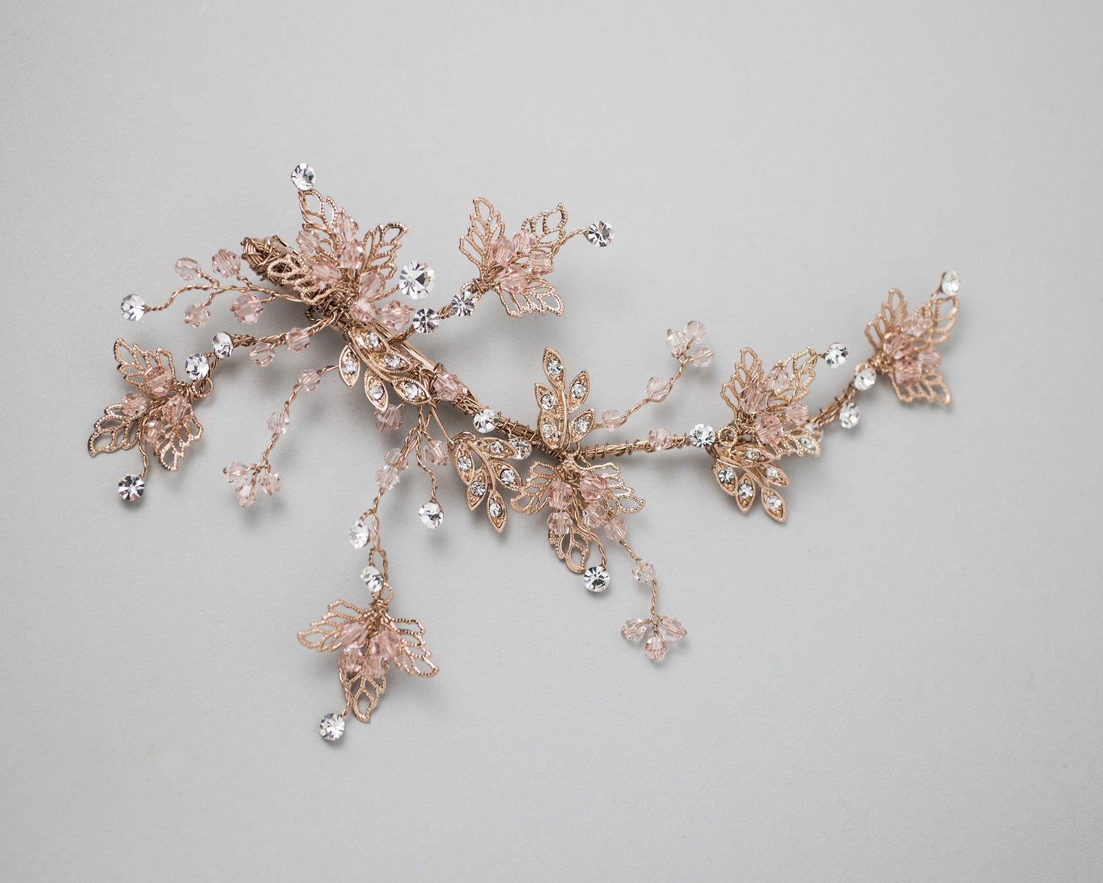 Rose Gold and CLush Crystal Beads Leafy Hair Clip