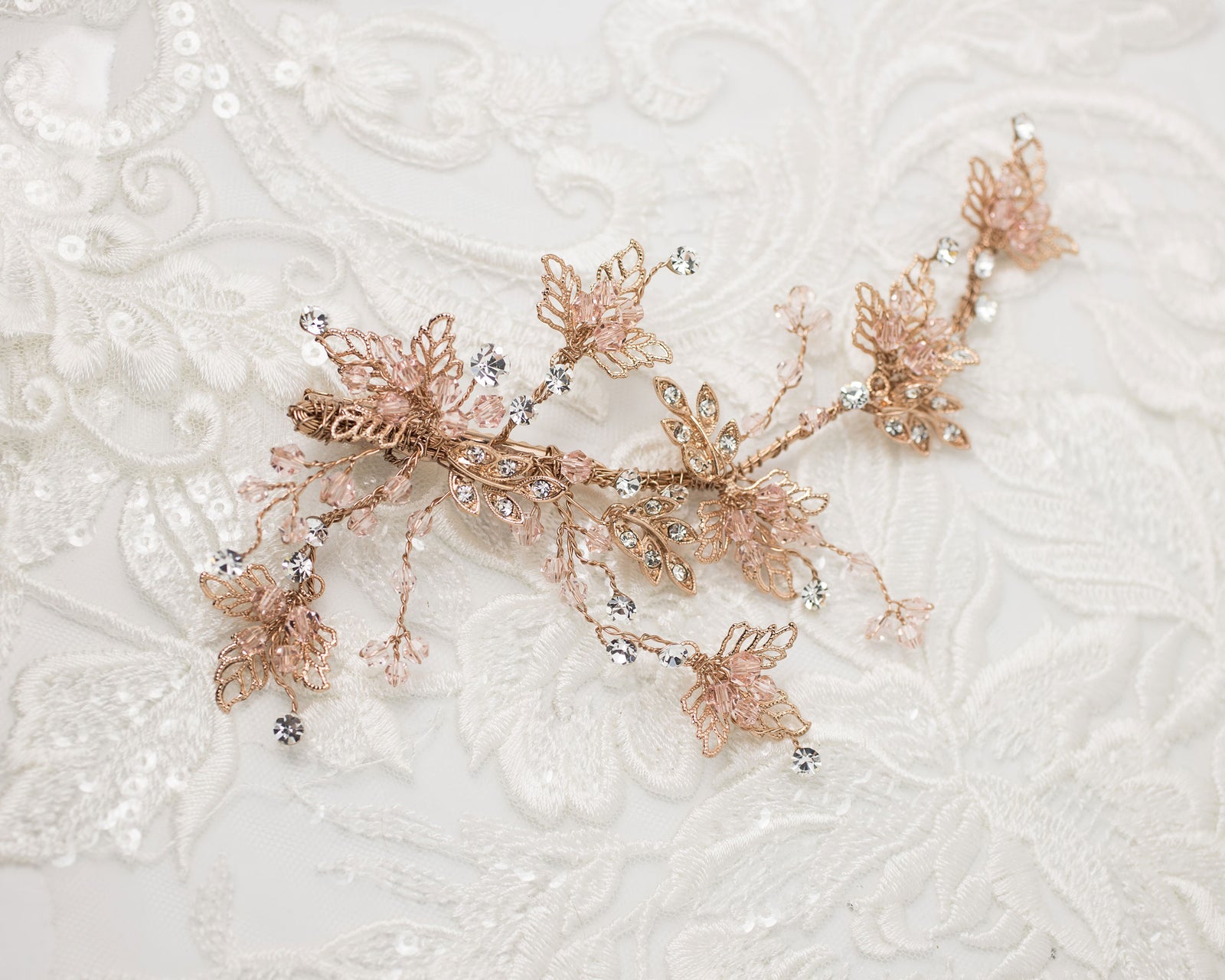 Rose Gold and CLush Crystal Beads Leafy Hair Clip